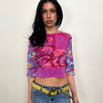 Hot Pink & Blue Graphic Print 3/4 Sleeves - Size M
