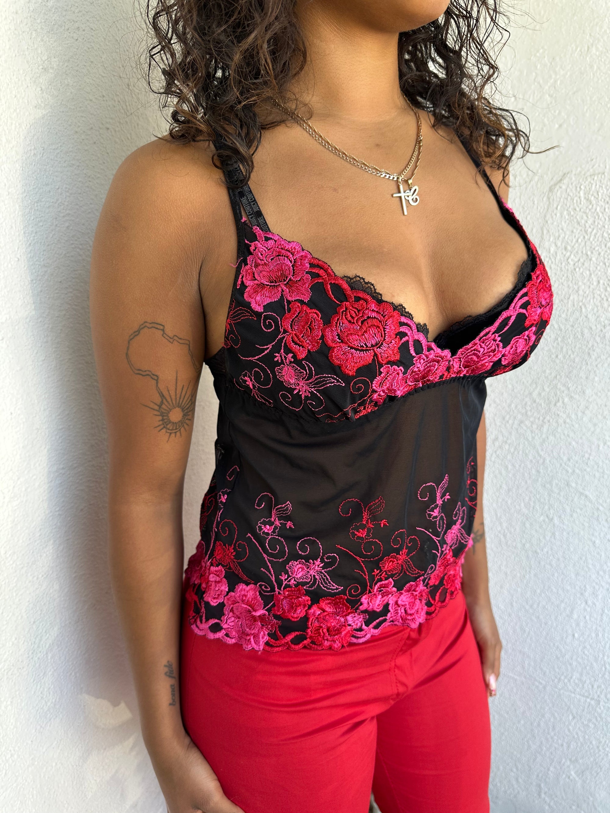 Red & Pink Embroidered Mesh Cami - Size S