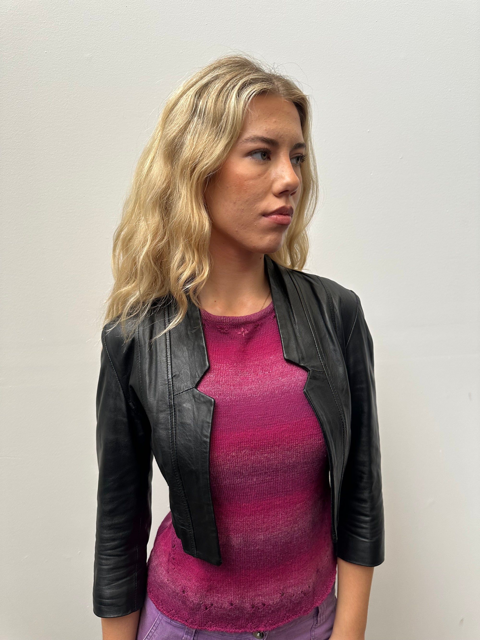 Cropped Black Leather Jacket - Size S
