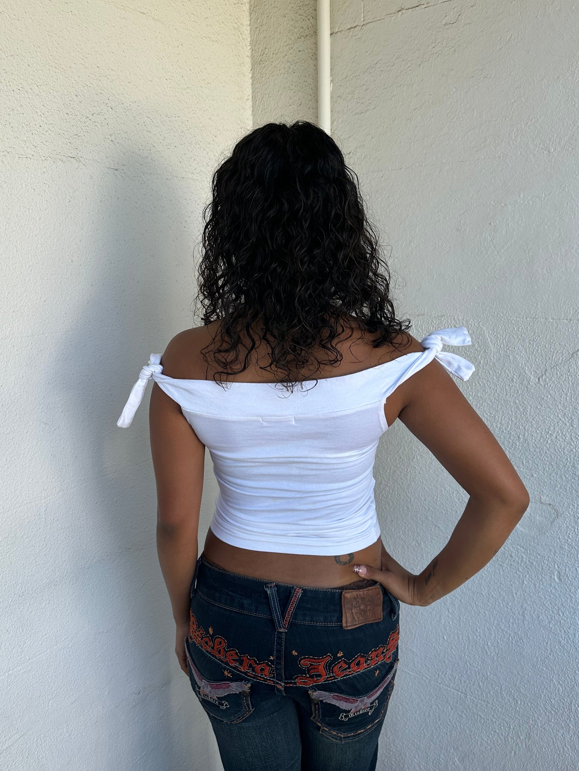 Embroidered White Tie Off The Shoulder Top - Size S