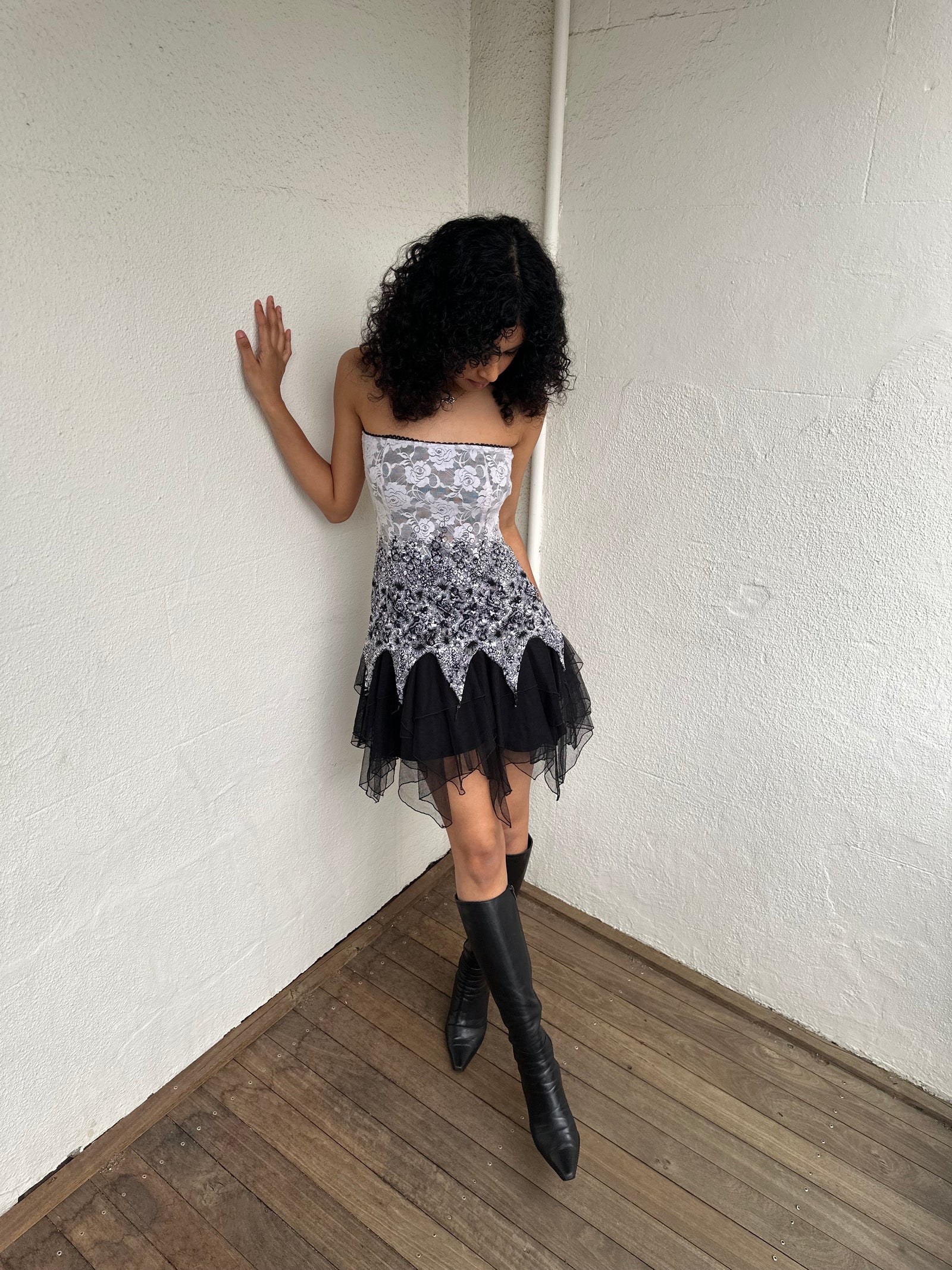 Black & White Lace Strapless Mini Dress - Size S