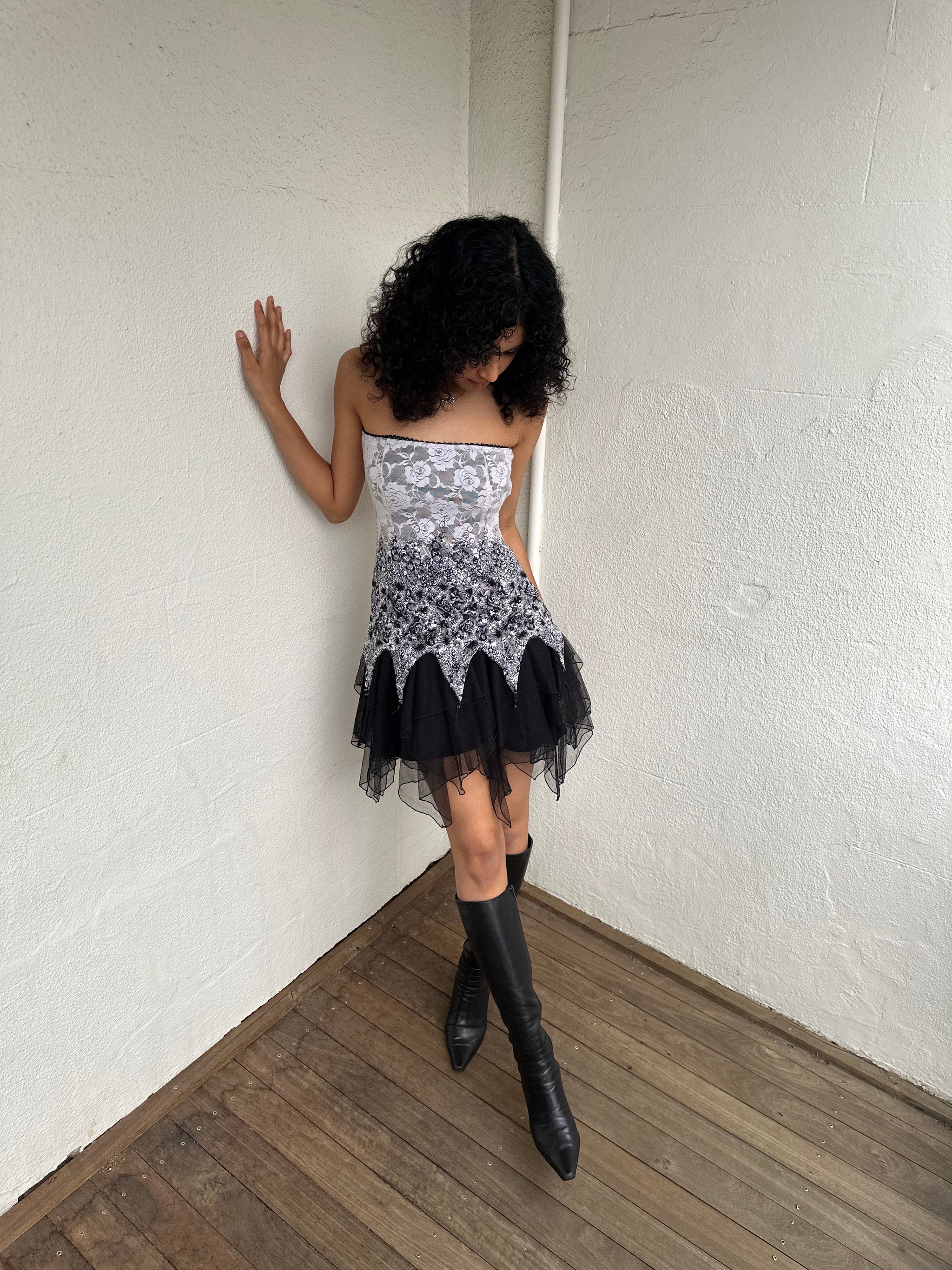 Black & White Lace Strapless Mini Dress - Size S