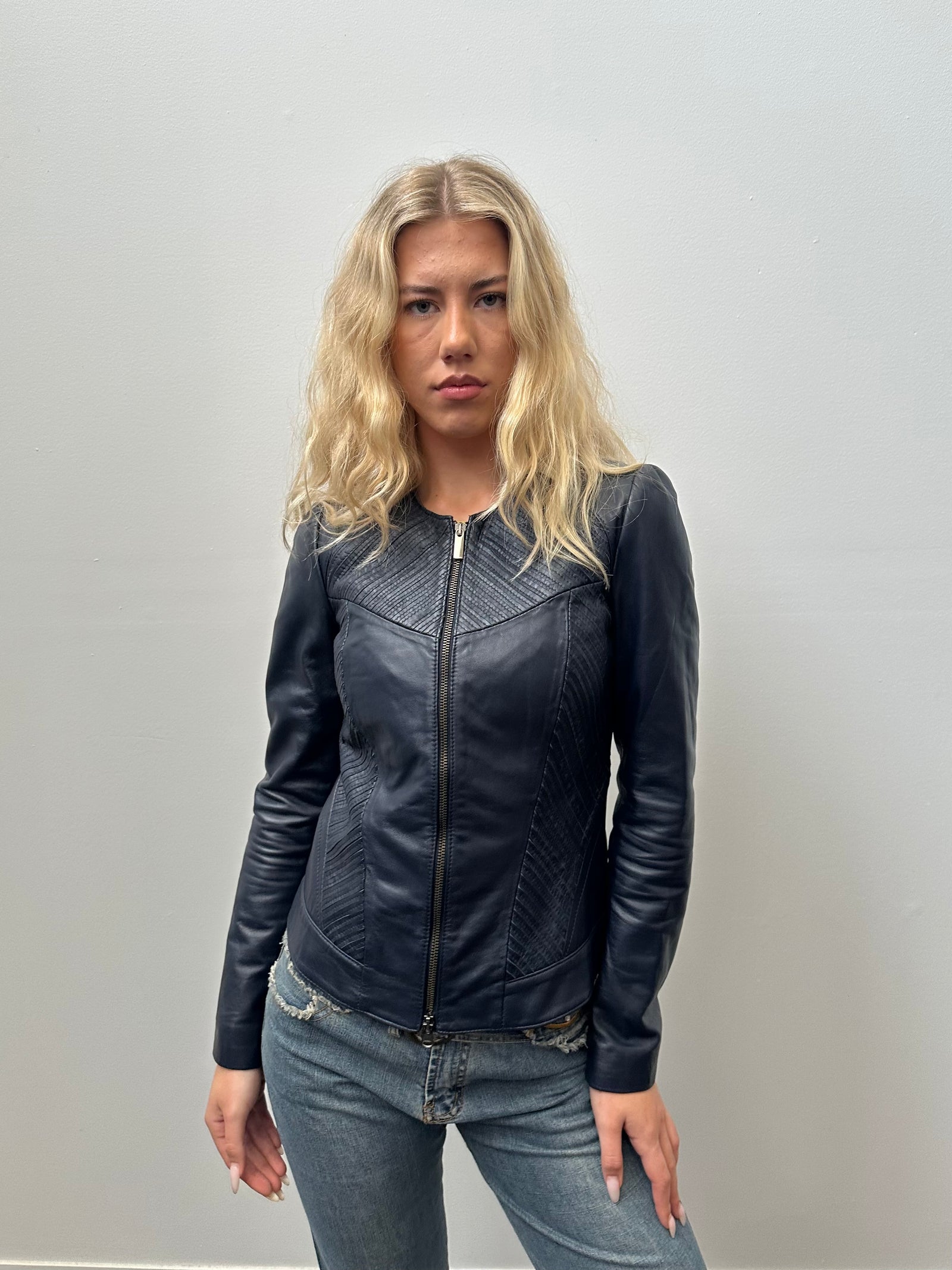 Navy Double Zip Fitted Leather Jacket - Size S