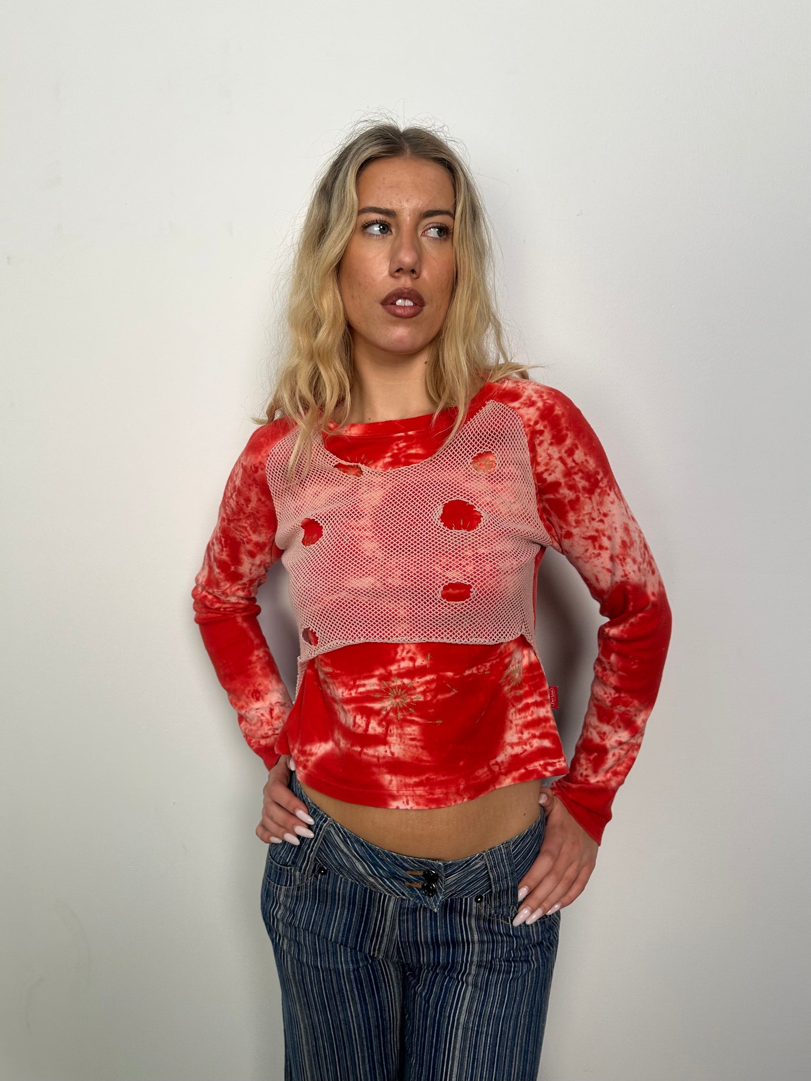 Red Tie Dye Mesh detail Long Sleeve Top - Size S