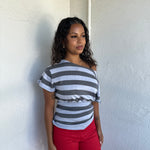 Grey Stripe Off Shoulder Knit Top - Size S