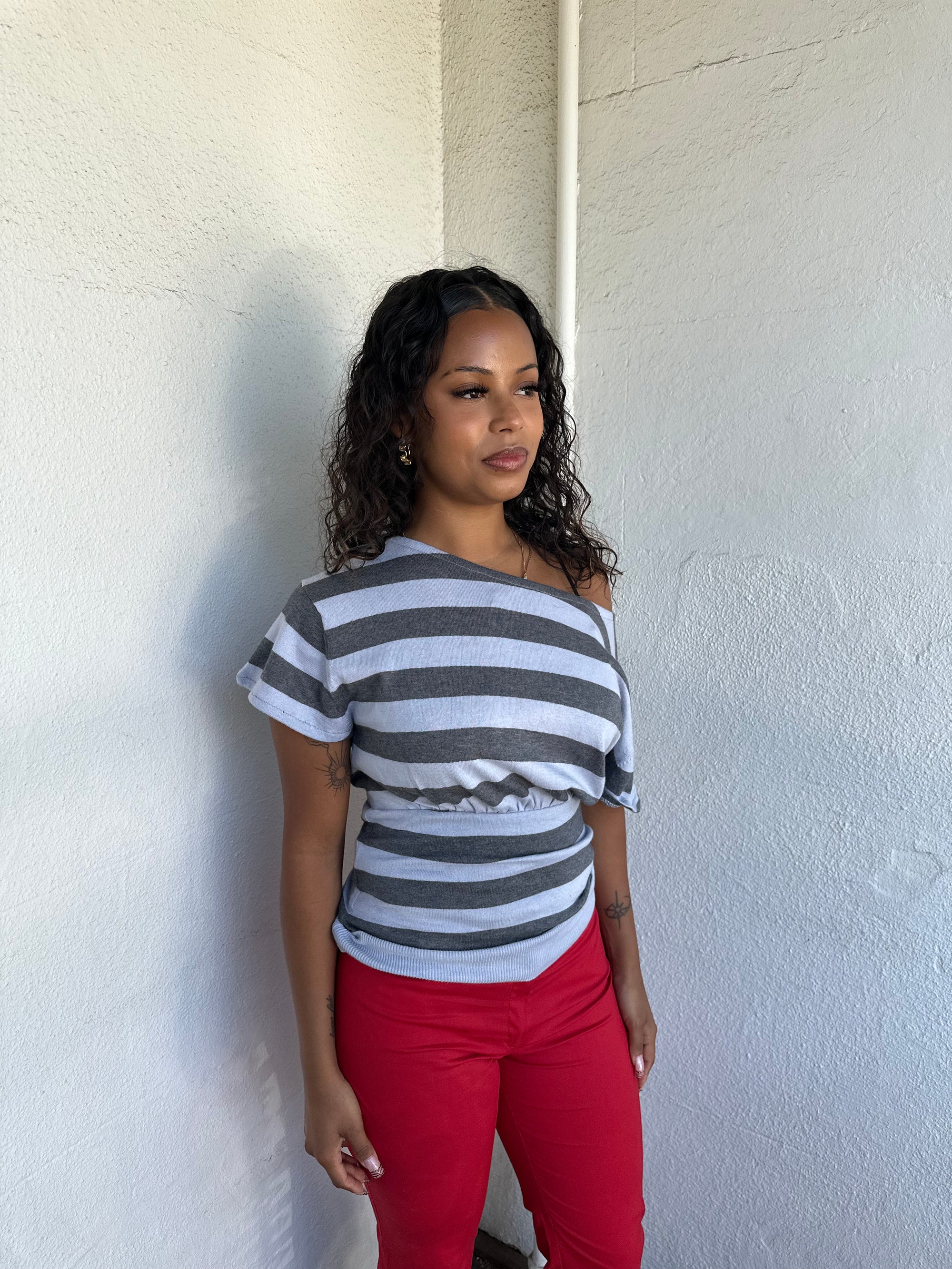 Grey Stripe Off Shoulder Knit Top - Size S