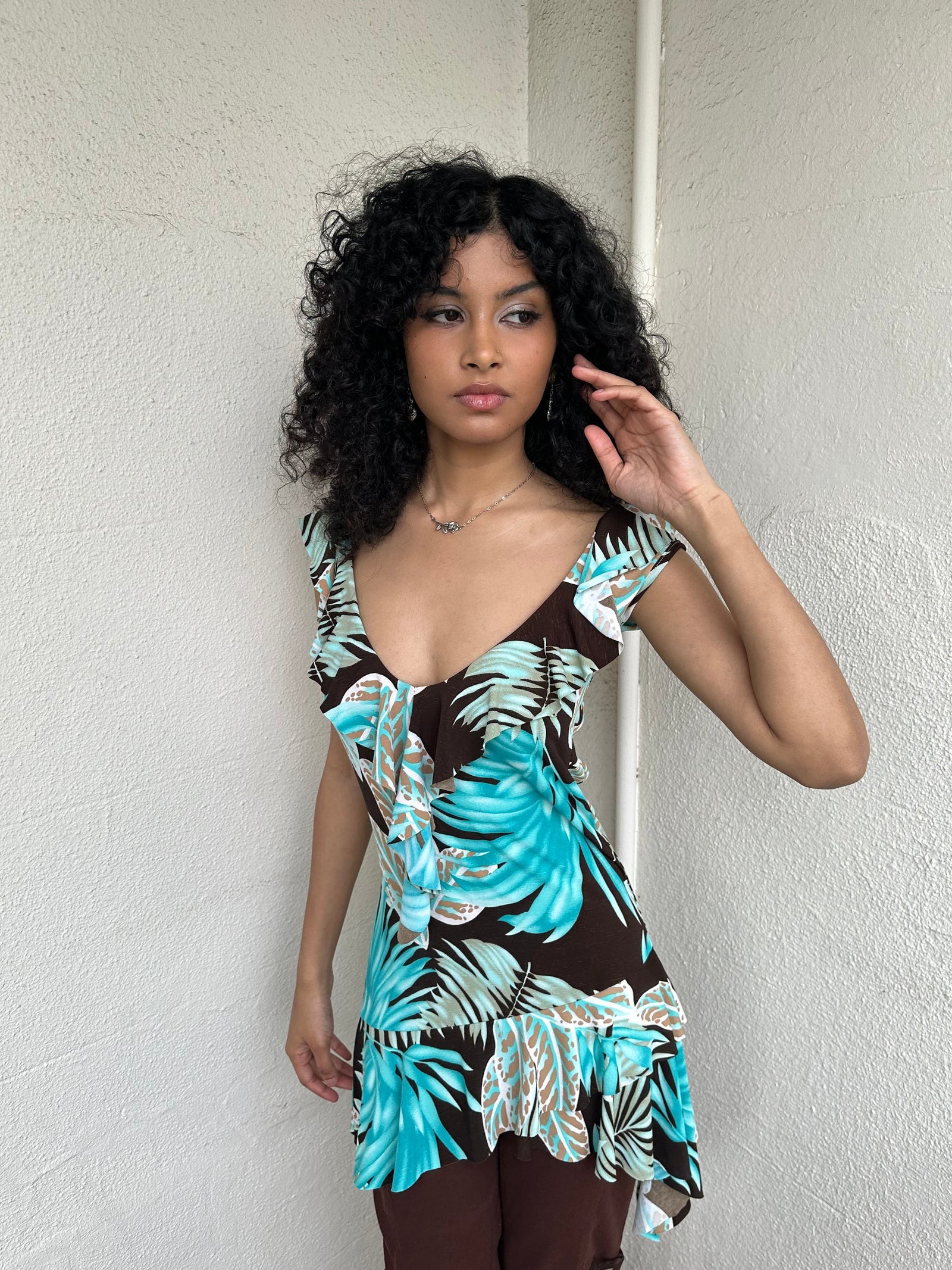 Aqua & Brown Tropical Print Backless Mini Dress - Size M