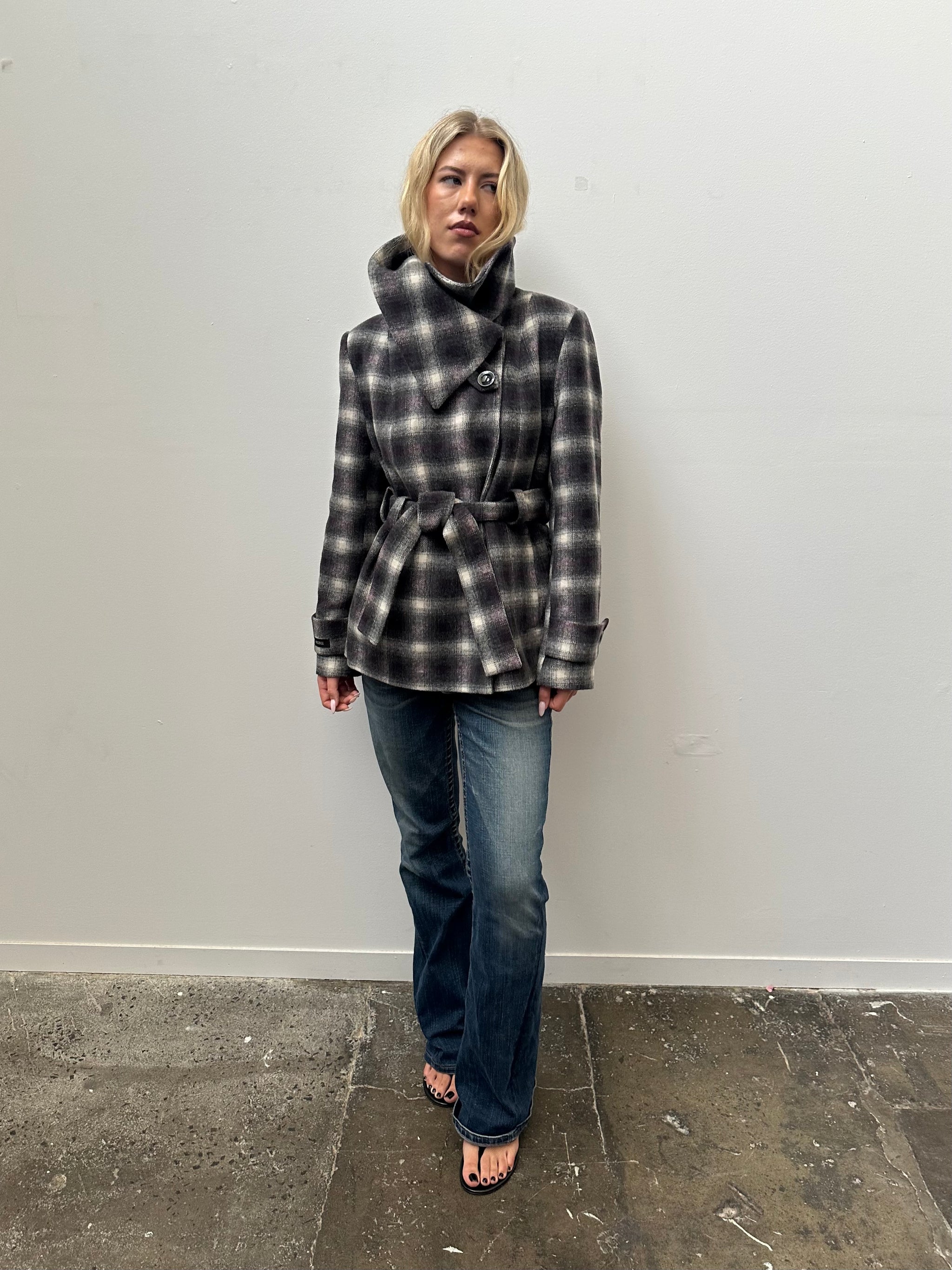 Purple & Black Tartan Funnel Neck Jacket - Size L