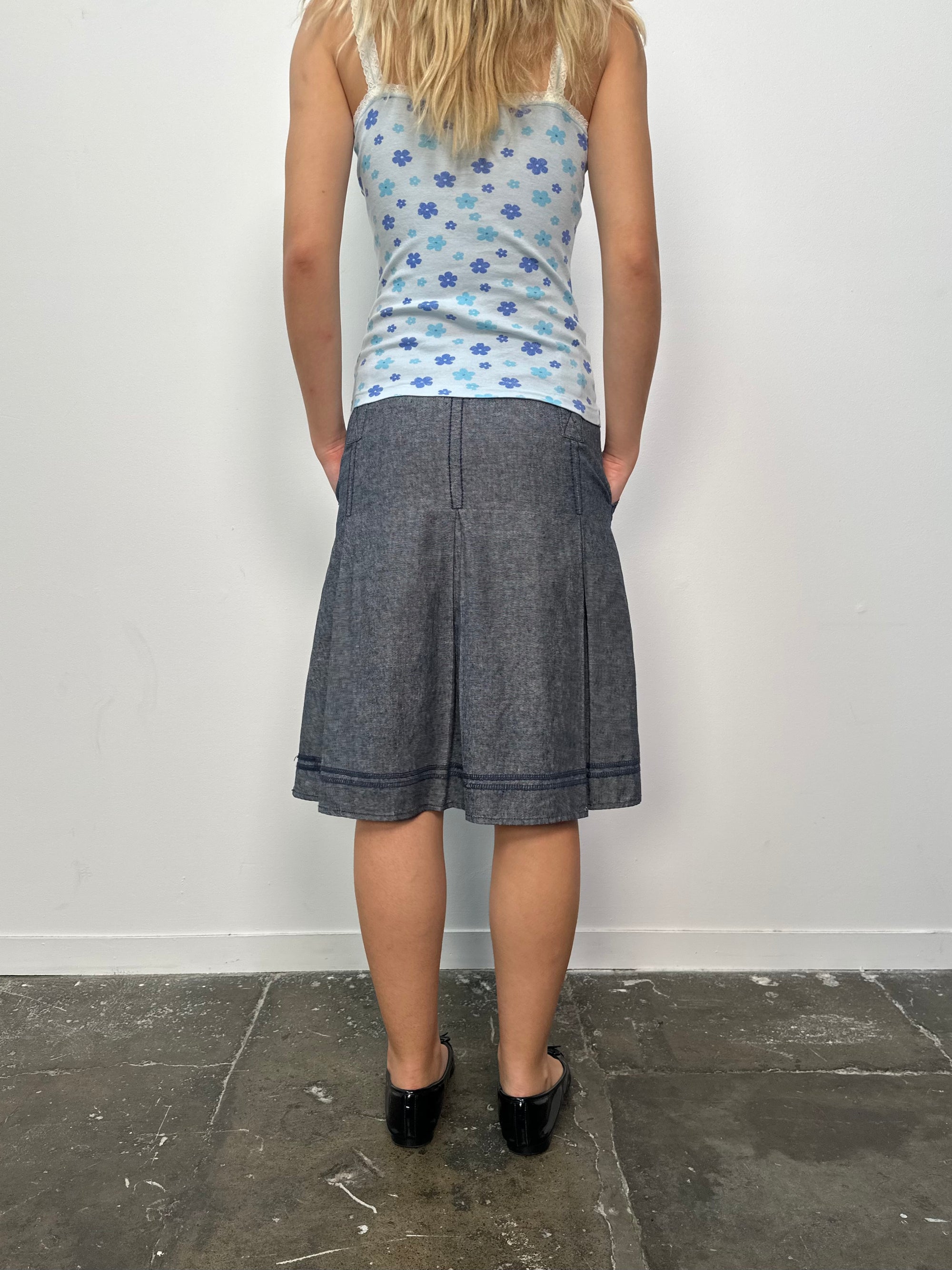 Grey Blue Contrast Stitch Pleated Midi Skirt - Size M