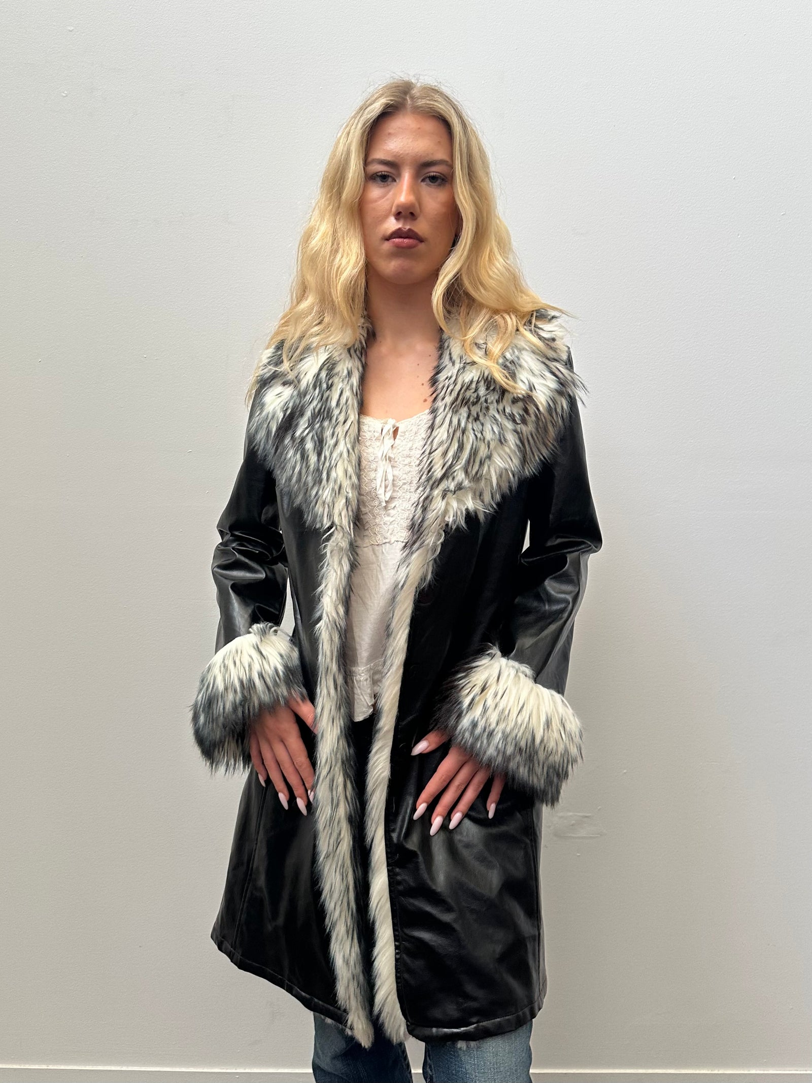 Black Pleather & White Faux Fur Coat - Size M