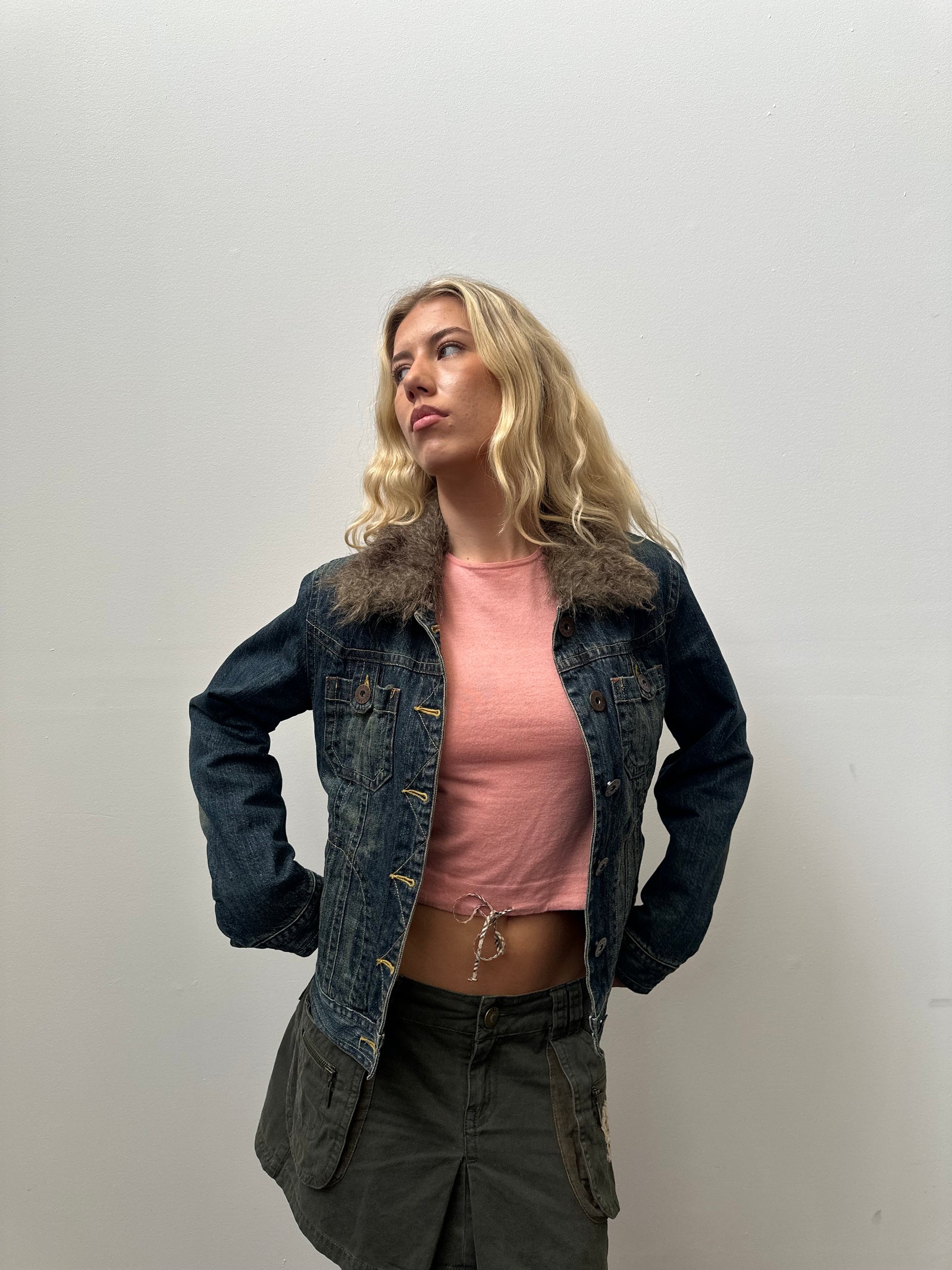 Faux Fur Collar Warm Wash Denim Jacket - Size M