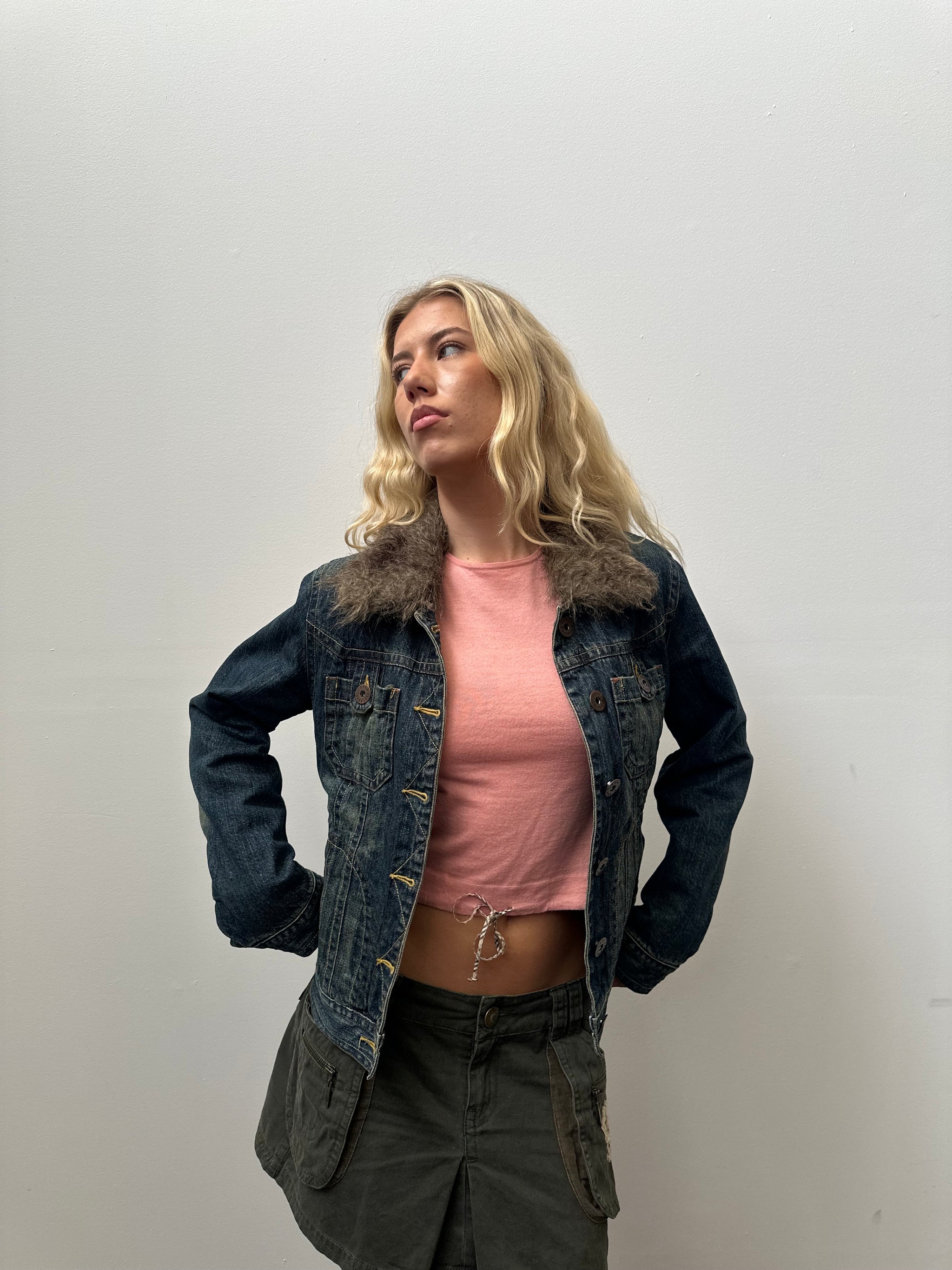 Faux Fur Collar Warm Wash Denim Jacket - Size M