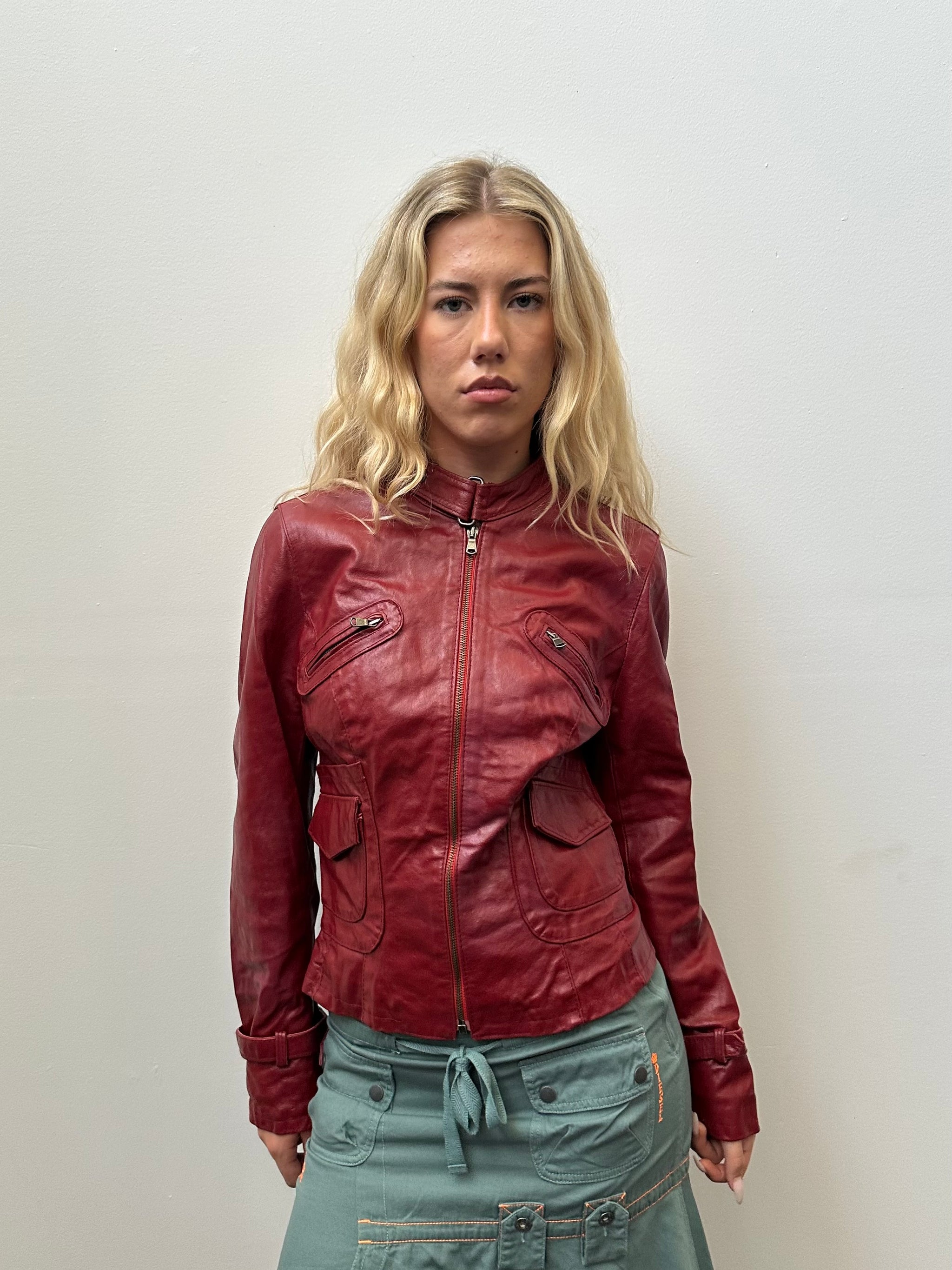 Red Leather Biker Style Jacket - Size M