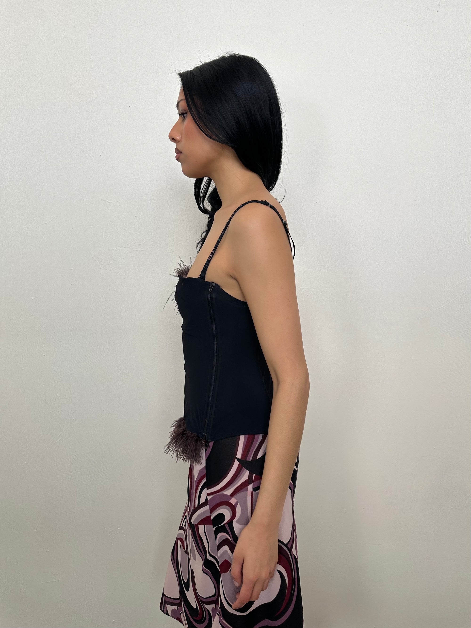 Feather Trimmed Black Corset - Size S