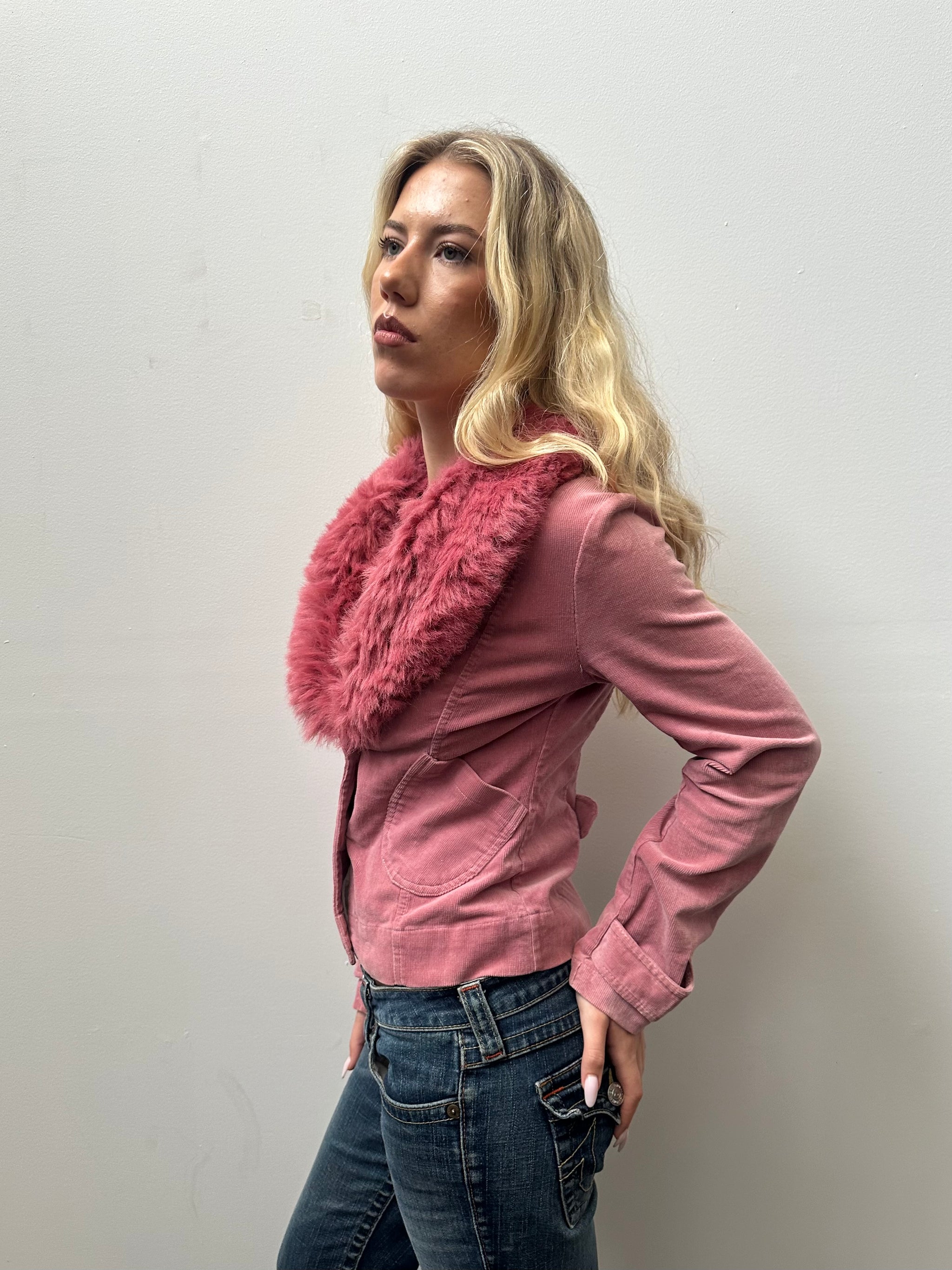 Pink Faux Fur Corduroy Jacket - Size S