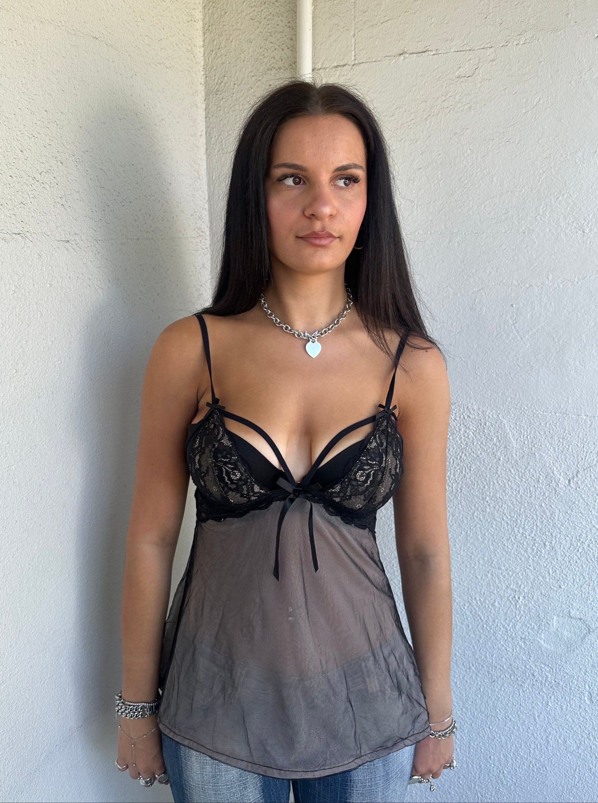 Black Cut Out Lace Bust Cami - Size S