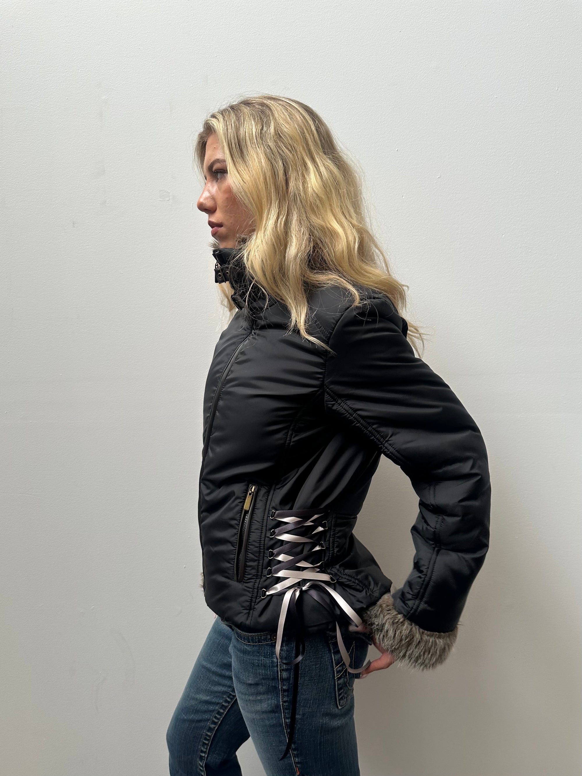Faux Fur Trimmed Black Puffer Coat- Size S