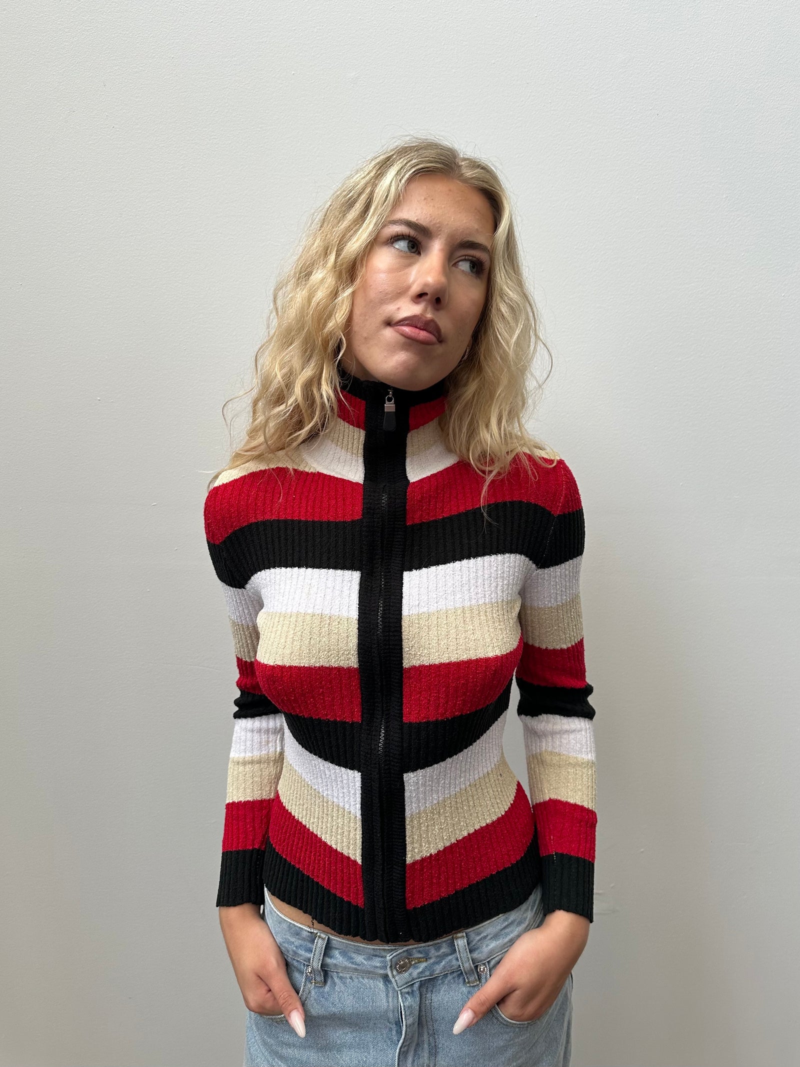 Multi Coloured Stripe Ribbed Zip Up - Size S/M