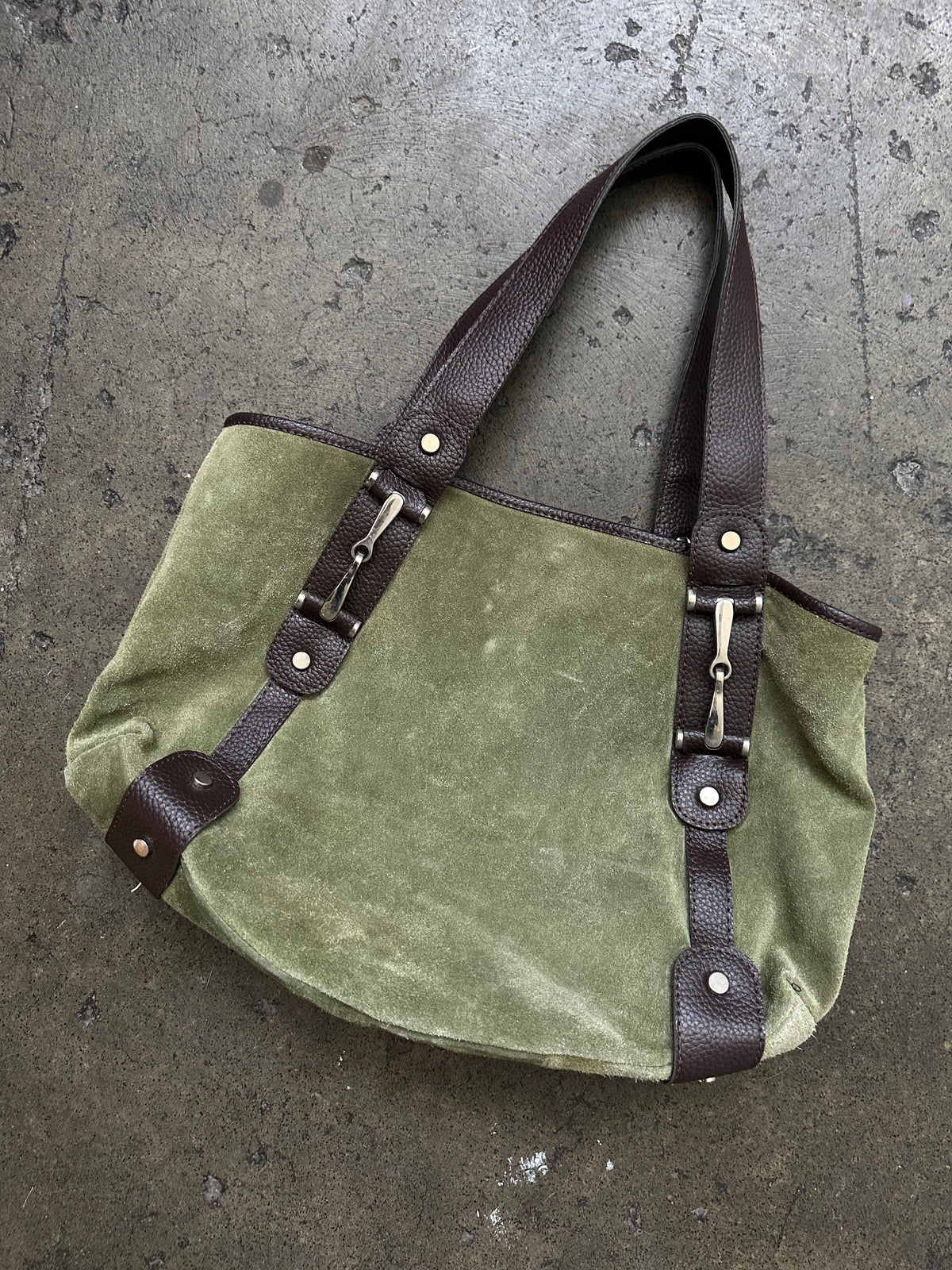 Green Suede & Brown Leather Tote Bag