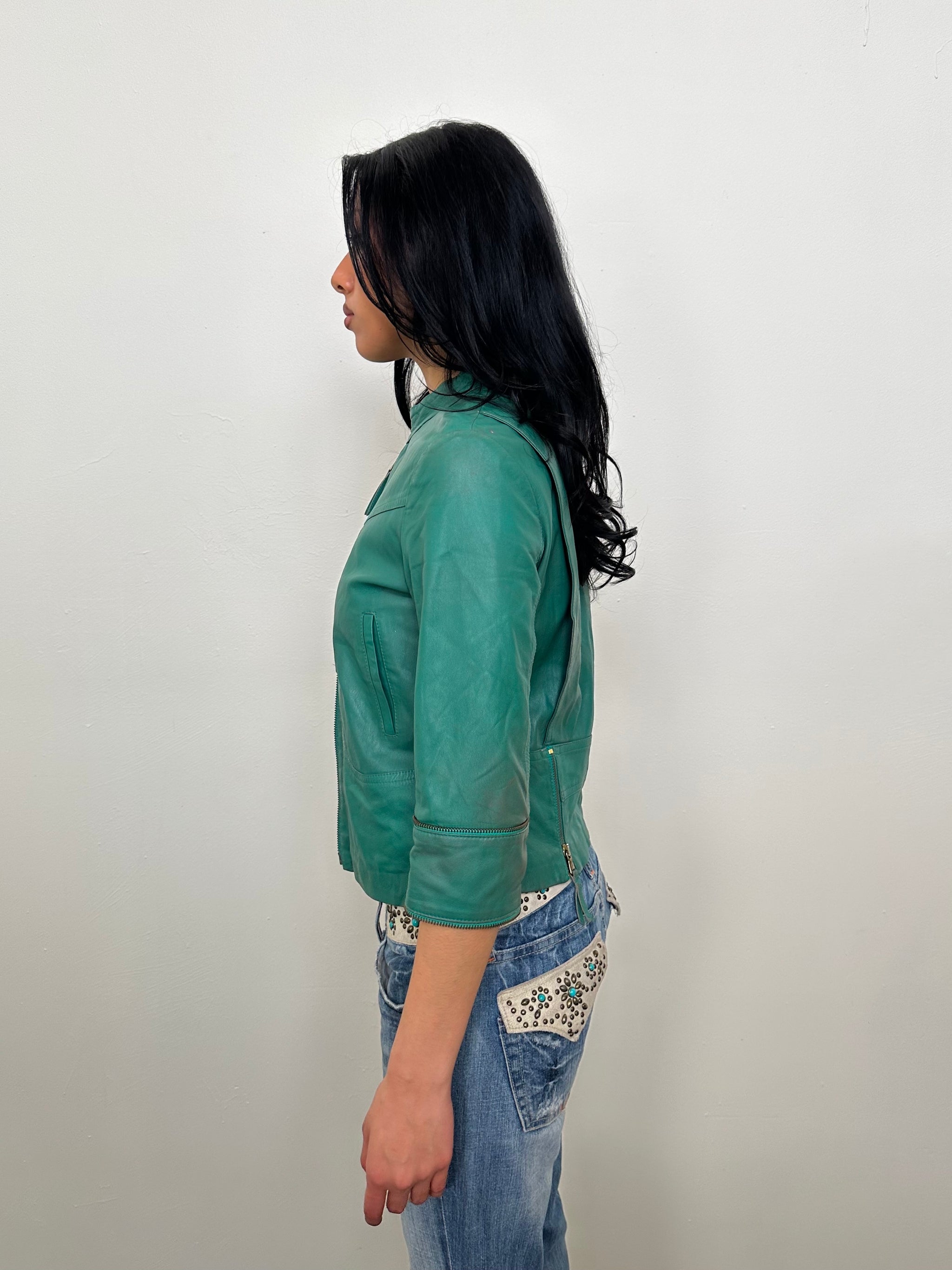Teal 3/4 Sleeve Leather Moto Jacket - Size S