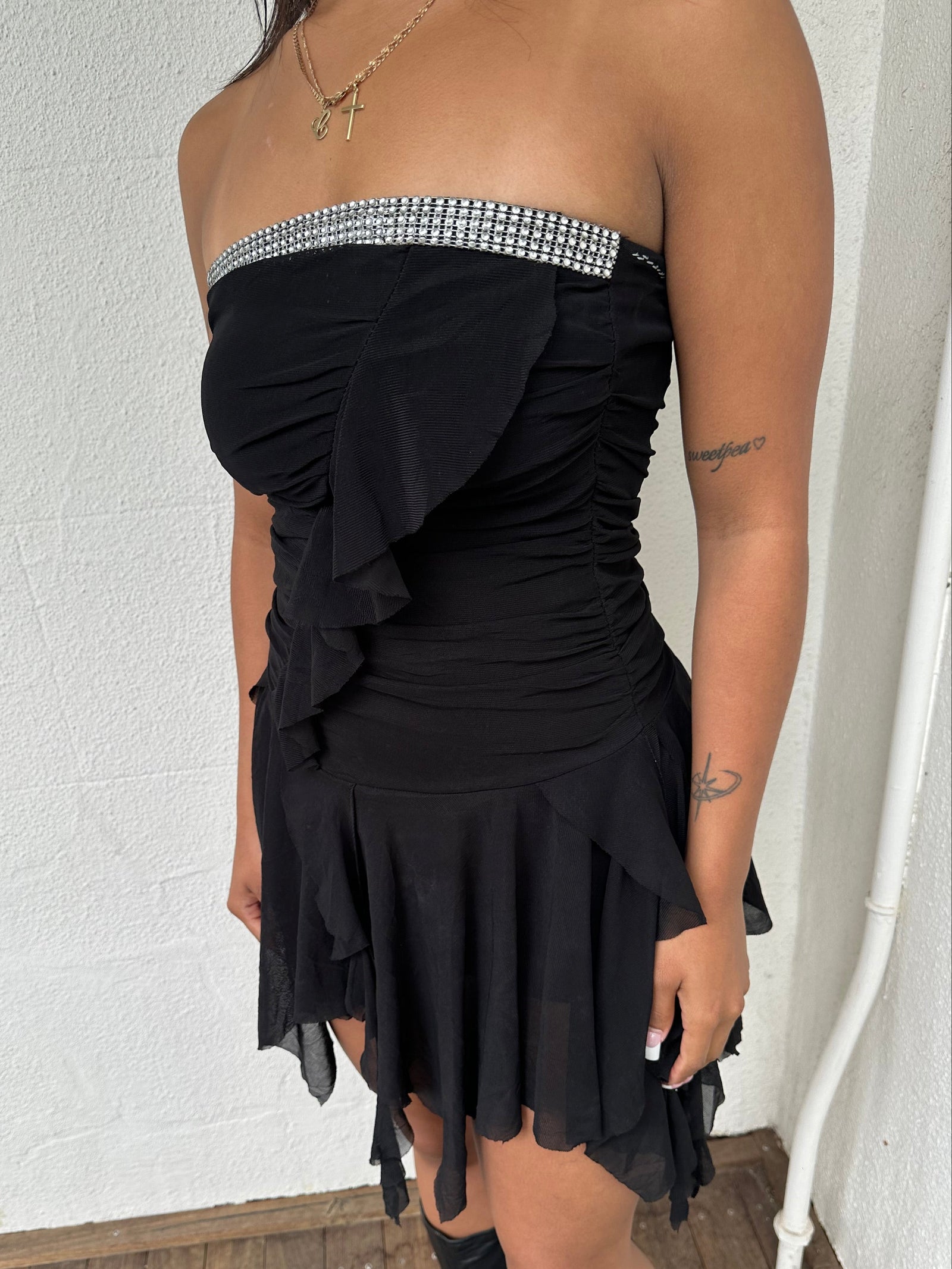 Black Mesh Strapless Ruffled Mini Dress