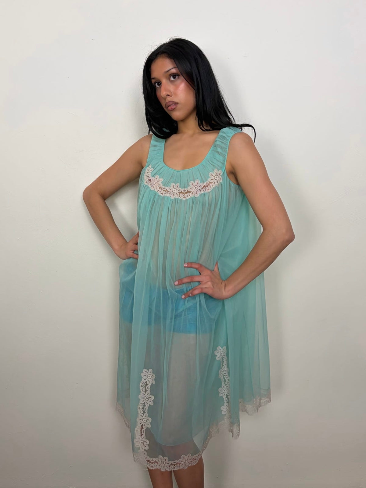 Turquoise Mesh & Cream Laze Sheer Dress - Size M