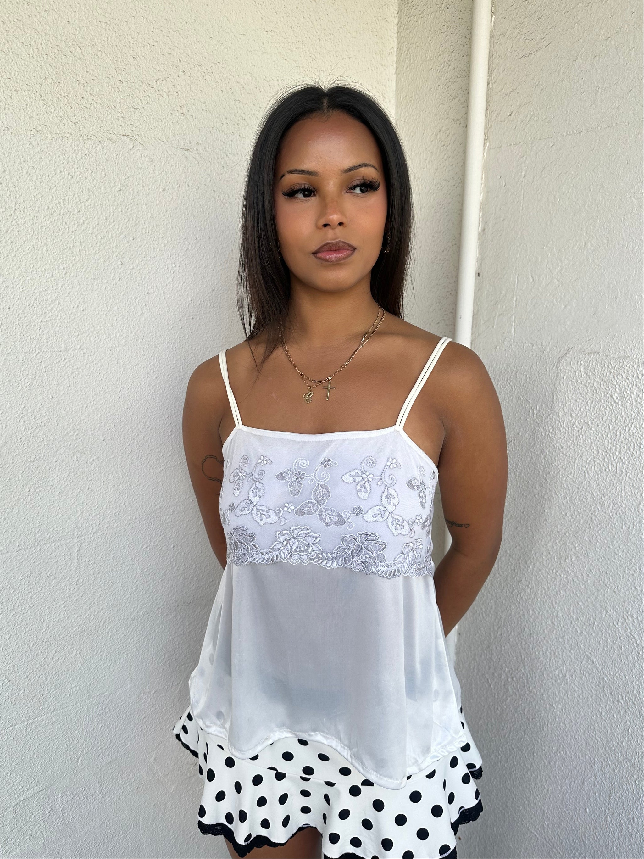 White Floral Embroidered Floaty Cami Top