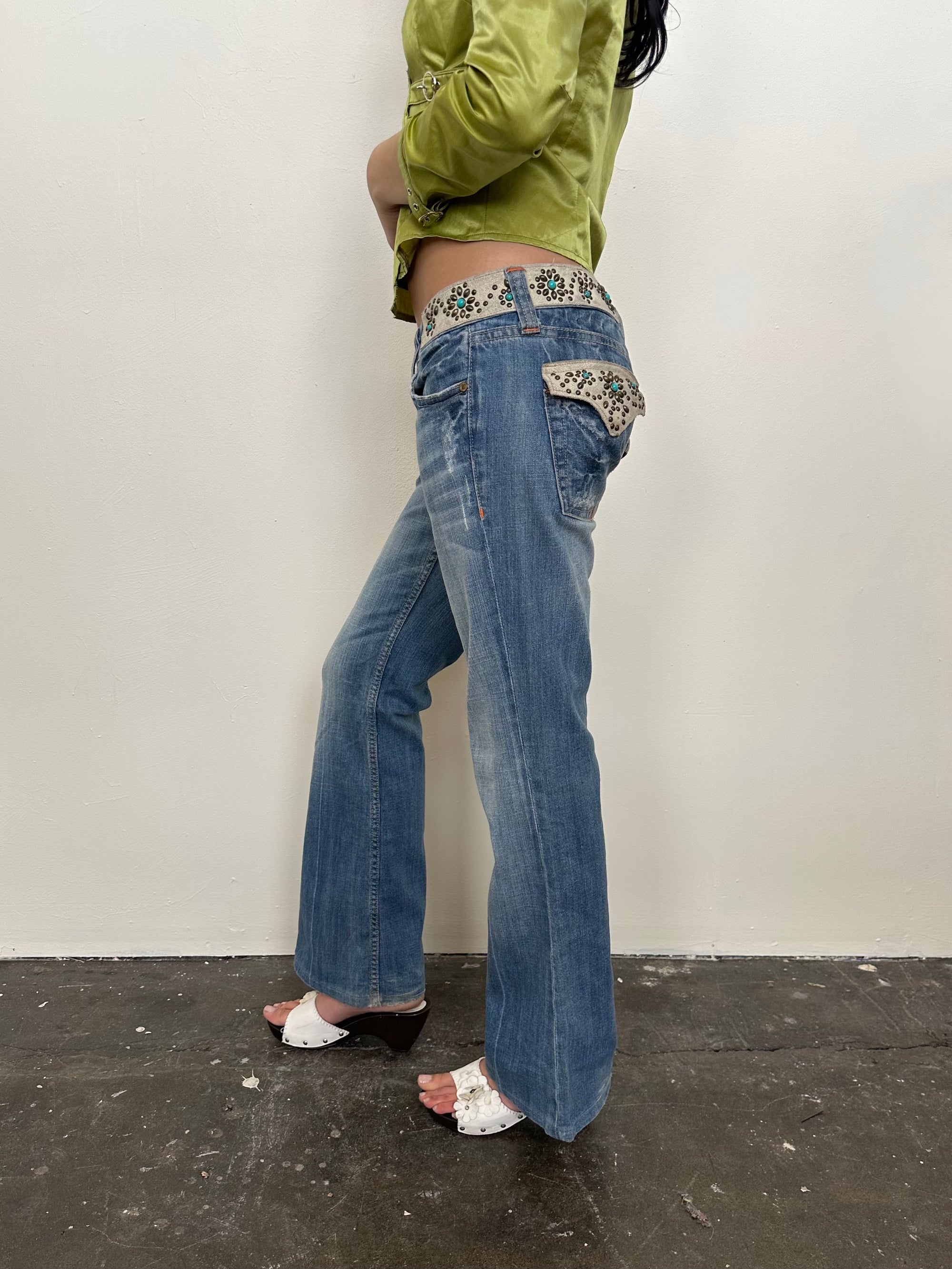 Miss Me Turquoise Studded Low-rise Bootcut Jeans - Size S
