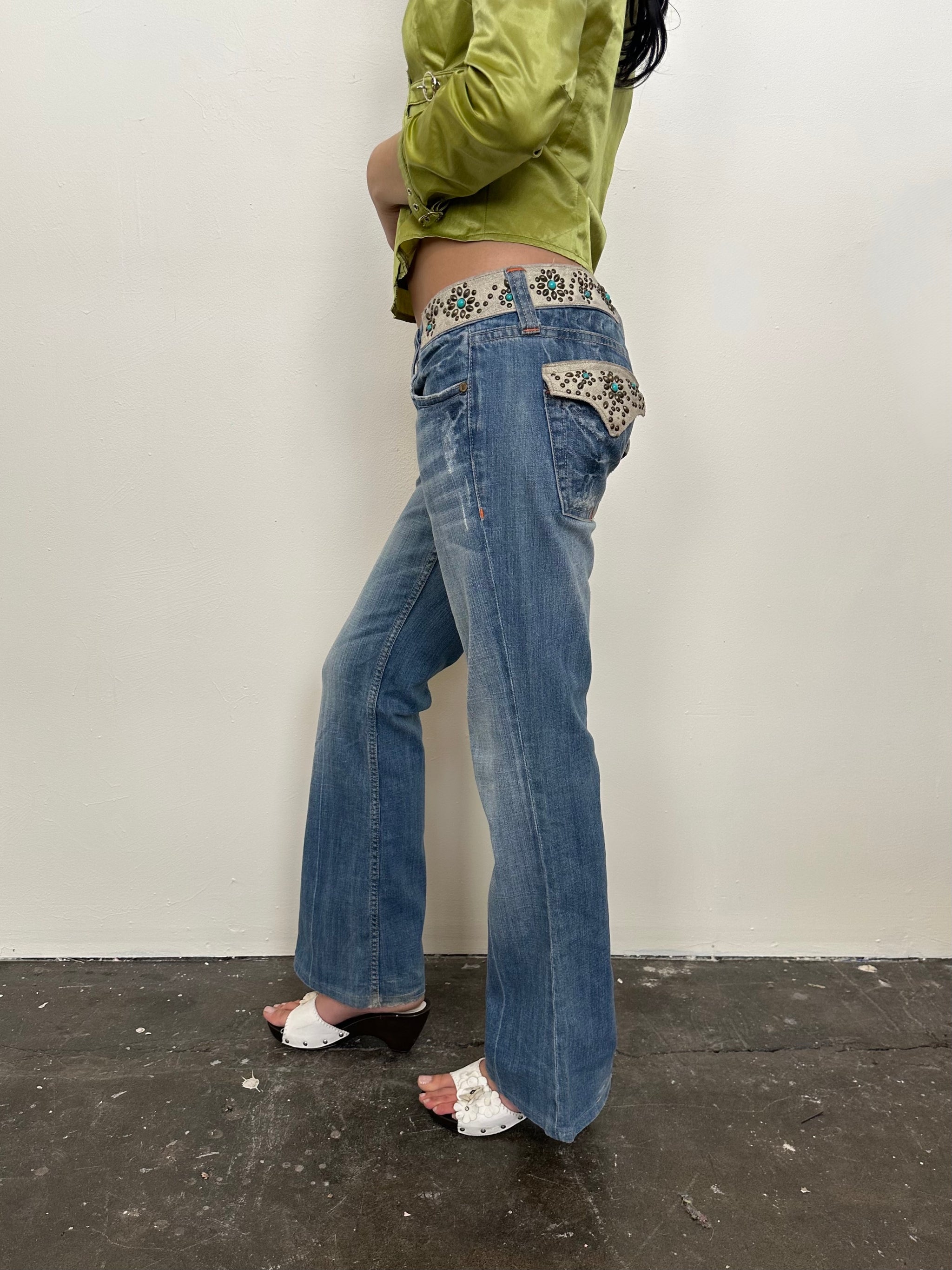 Miss Me Turquoise Studded Low-rise Bootcut Jeans - Size S