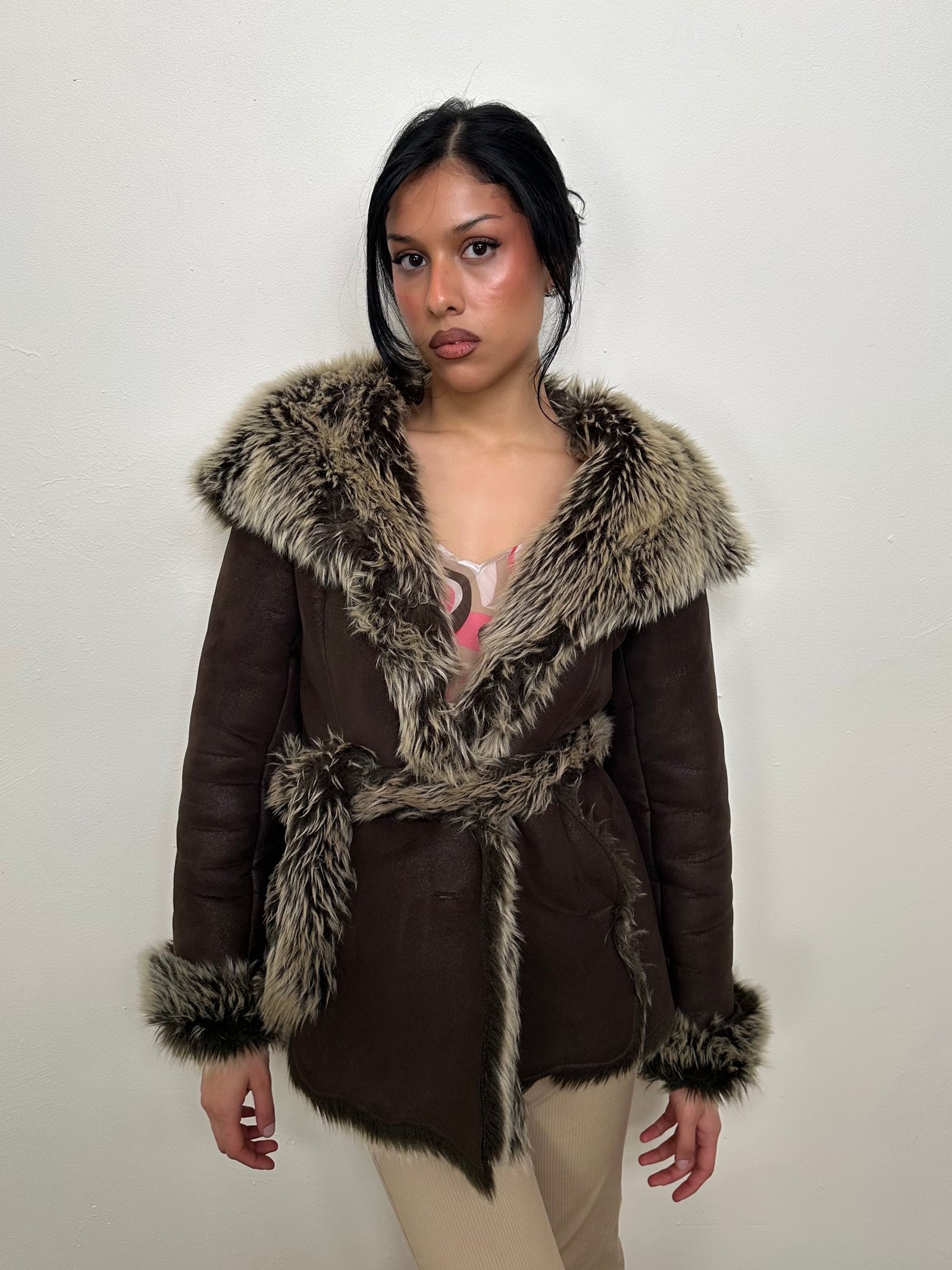 Brown Faux Fur Hooded Jacket - Size M