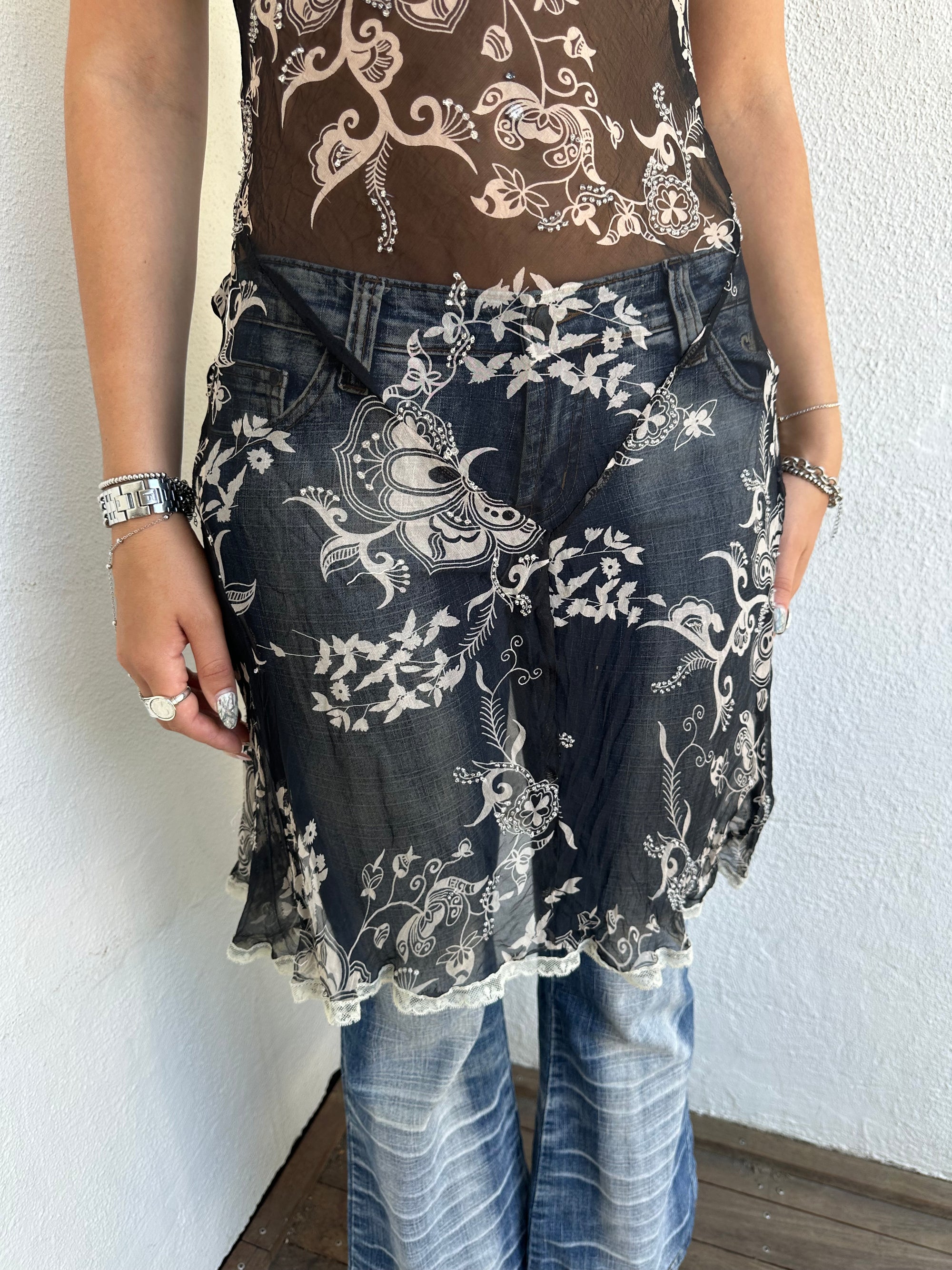 Black & Cream Patterned Sheer Dress - Size M