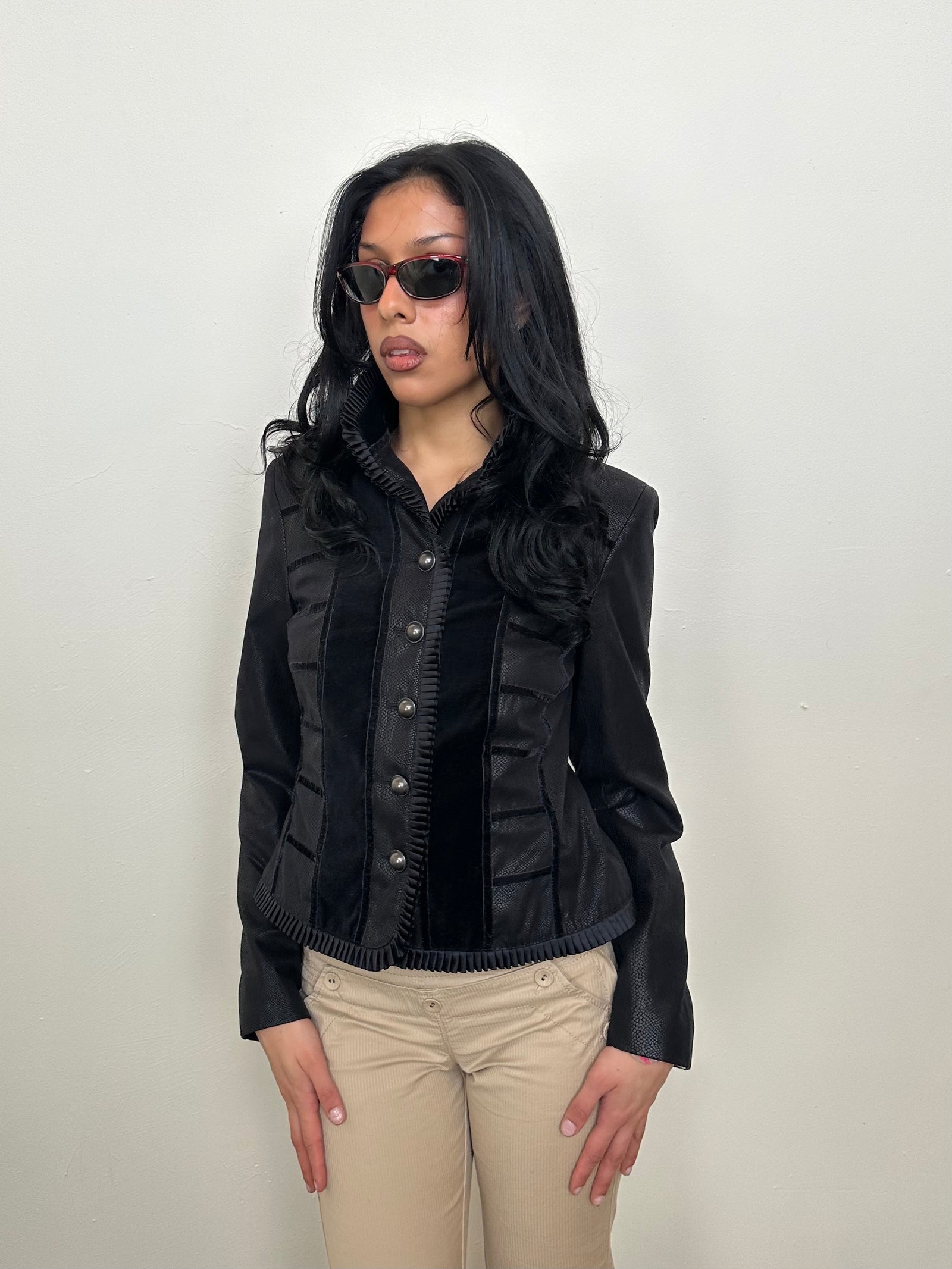 Black Velour Panel Napoleon Jacket - Size 12