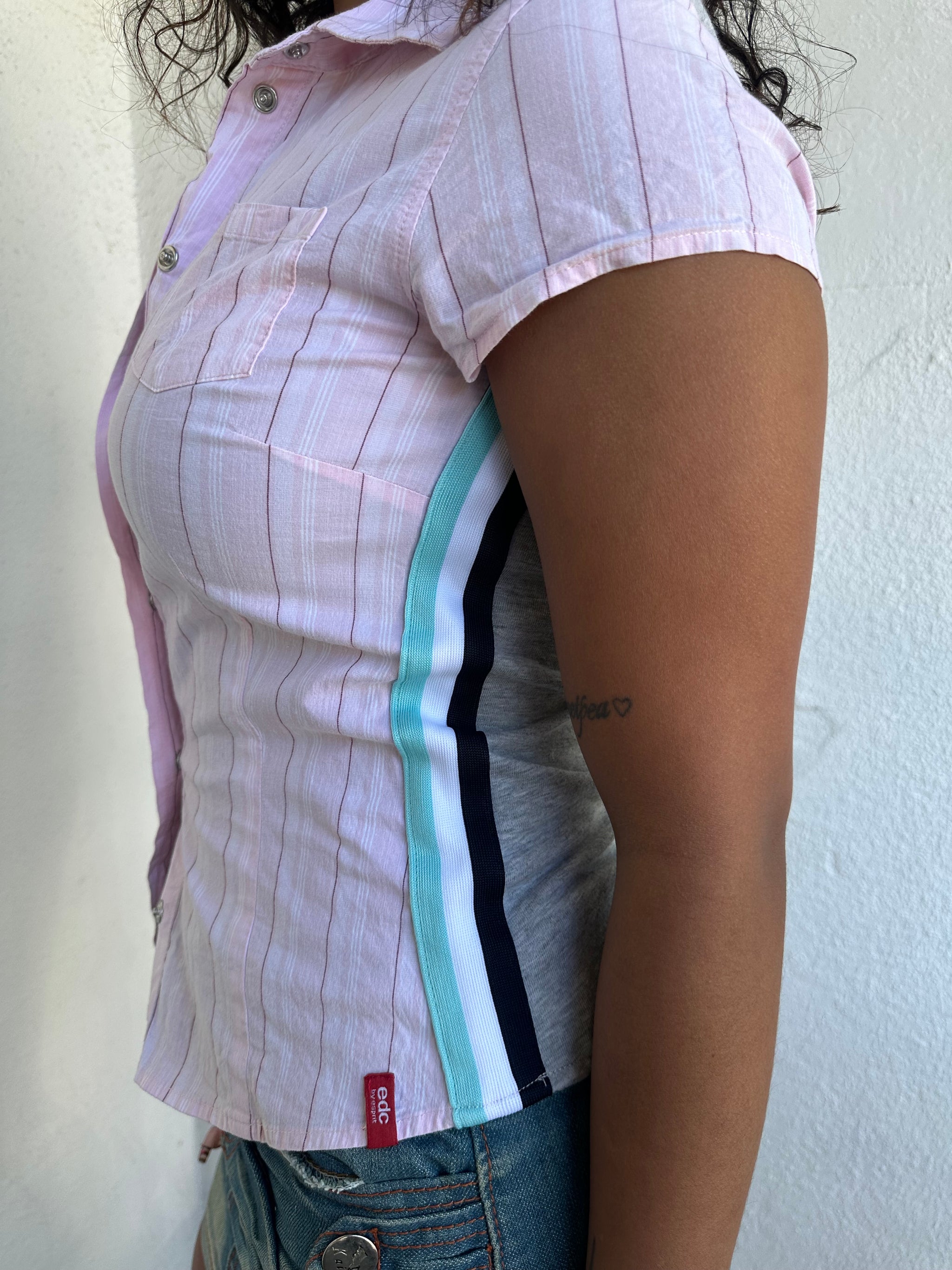 Printed Back Y2K Baby Pink Stripe Shirt - Size S