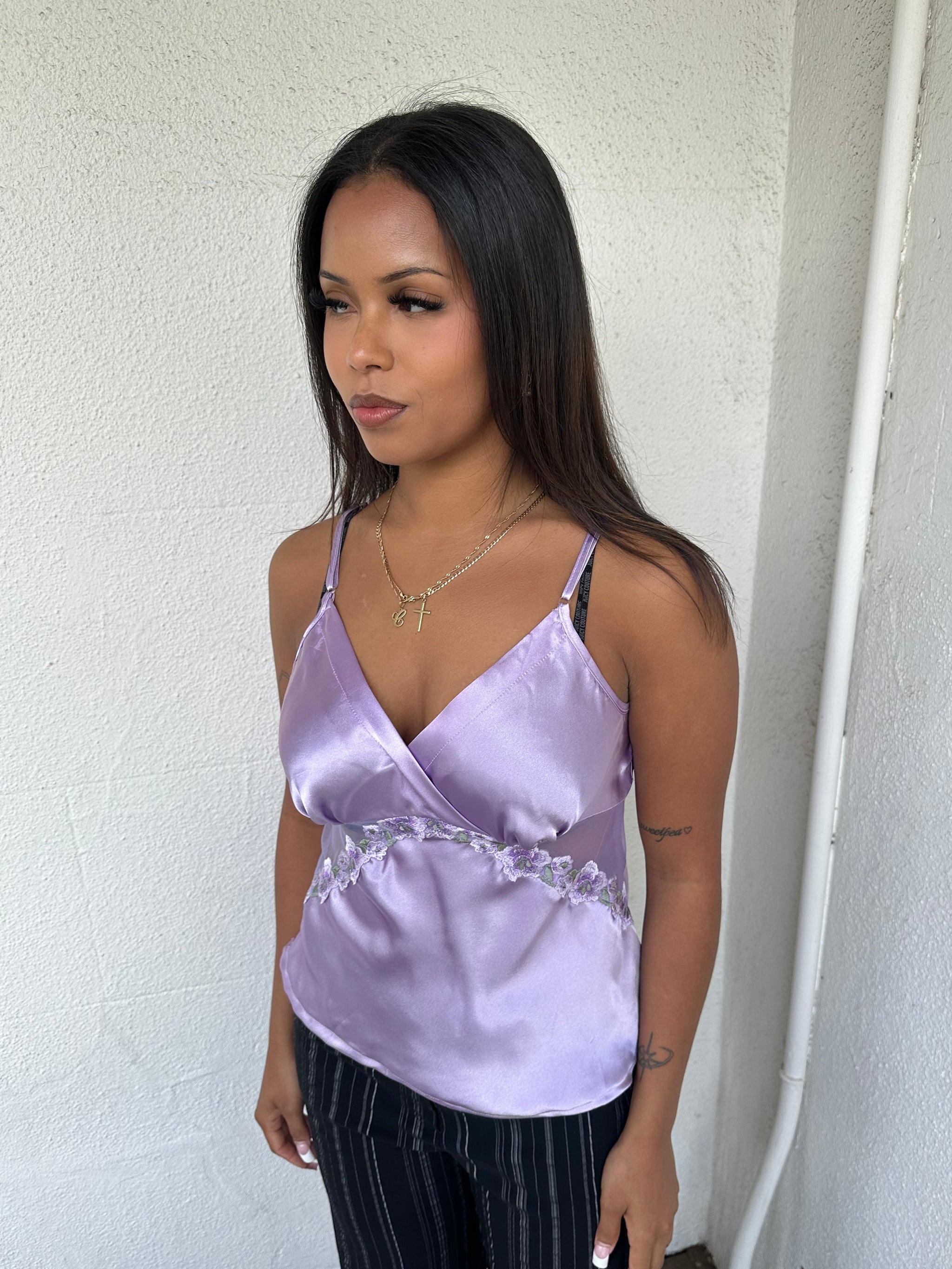Lilac Floral Embroidered Satin Cami Top