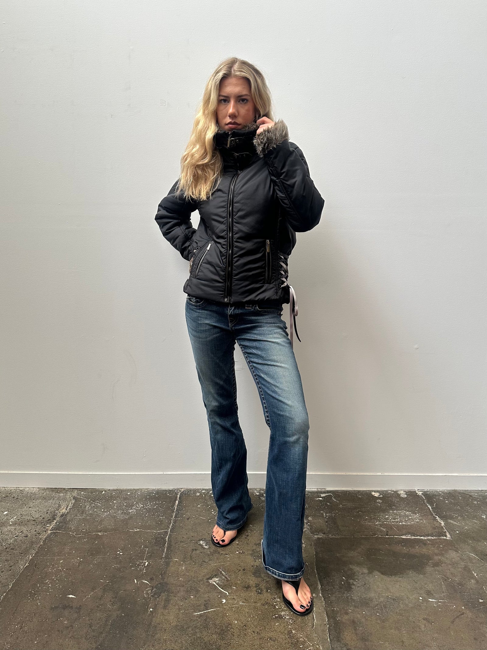 Faux Fur Trimmed Black Puffer Coat- Size S