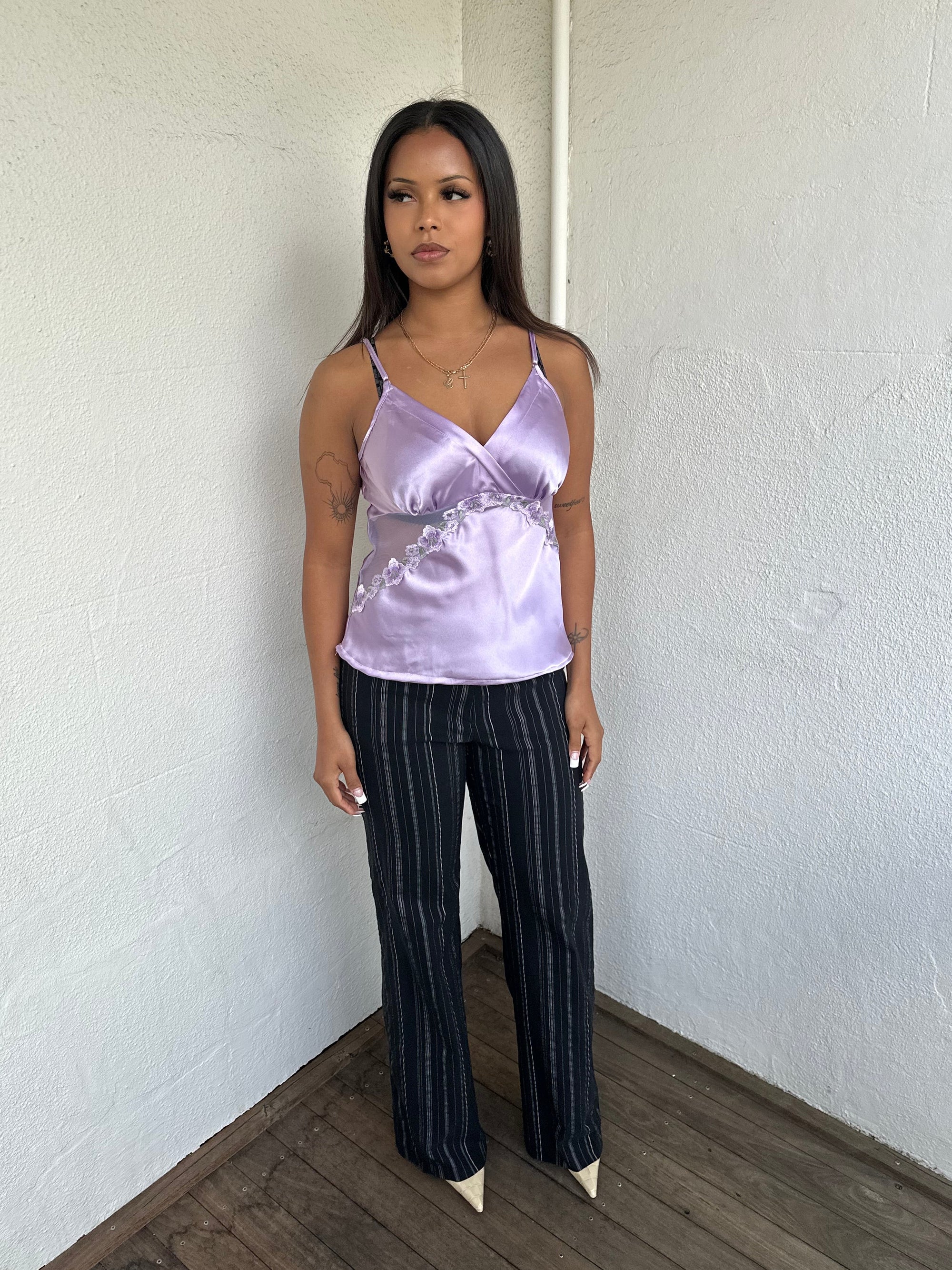 Lilac Floral Embroidered Satin Cami Top