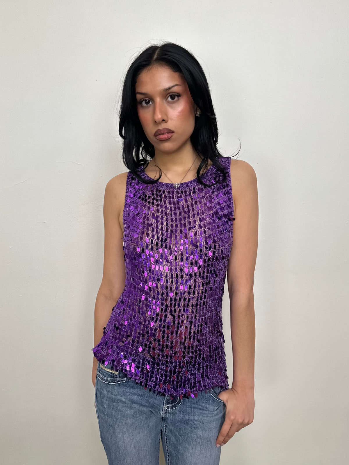 Purple Sequin Crochet Tank Top - Size L