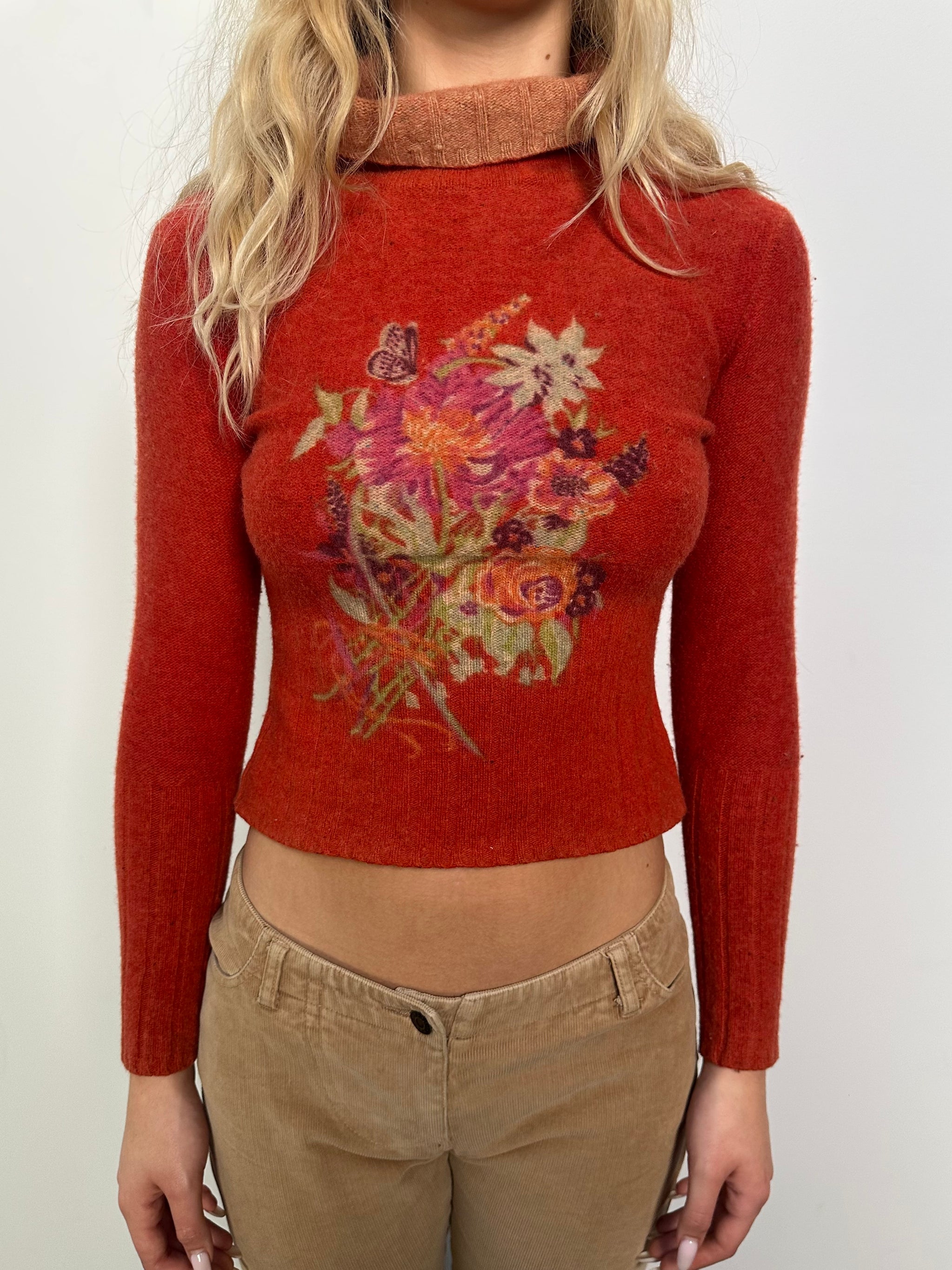 Rust Flower Design Knitted Wool Turtleneck - Size XS