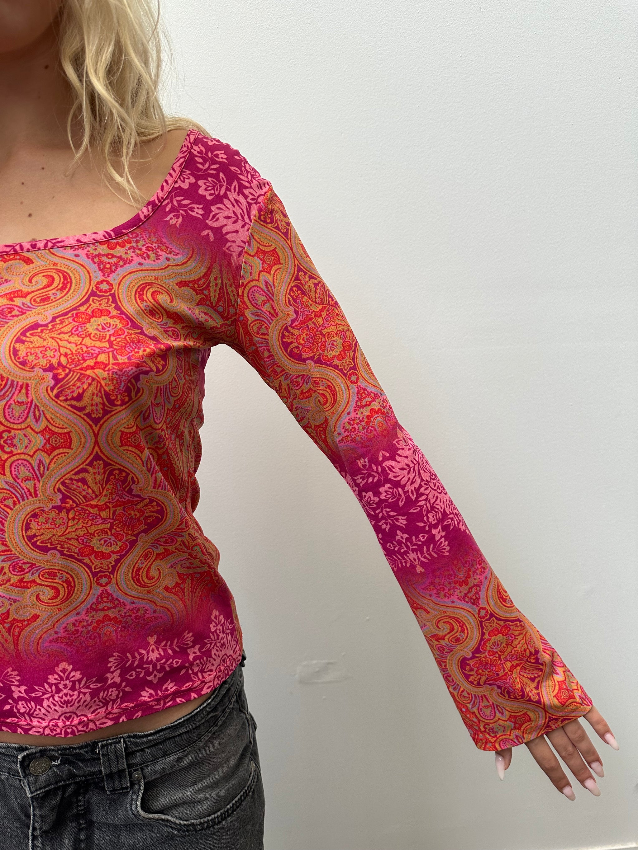 Orange & Pink Paisley Long Sleeve Top - Size M