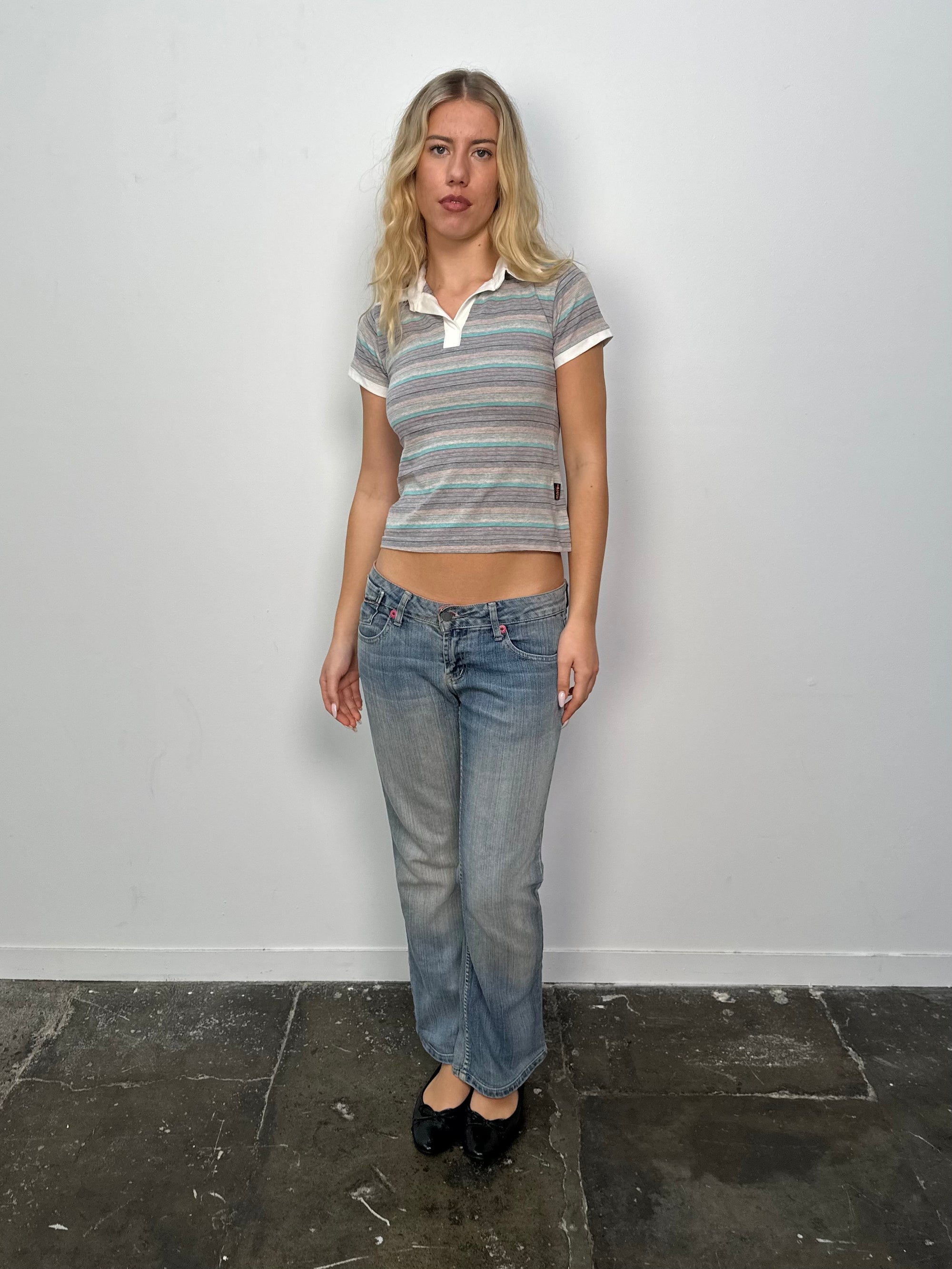Grey & Blue Stripe Collared T-Shirt - Size S
