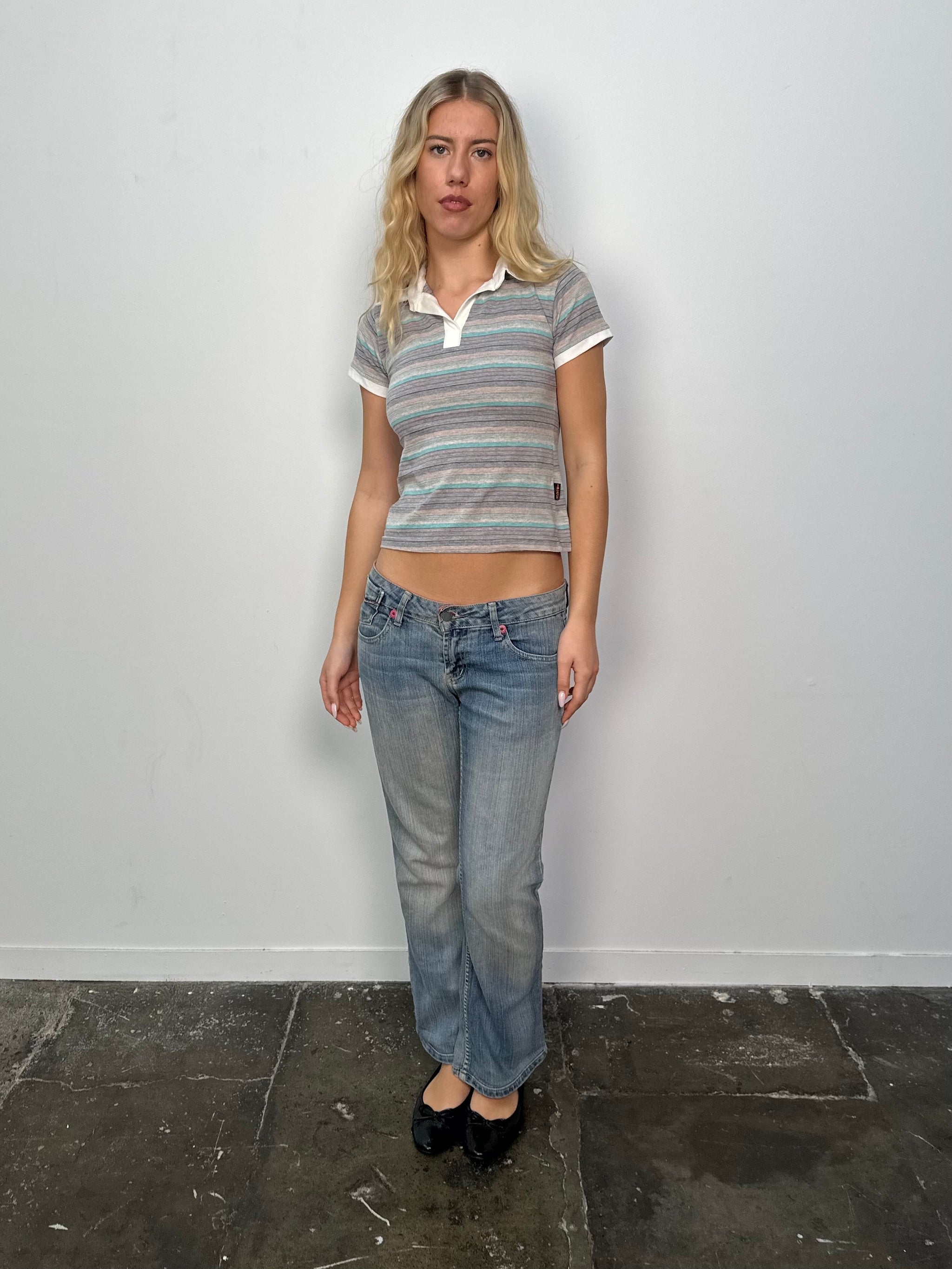 Grey & Blue Stripe Collared T-Shirt - Size S