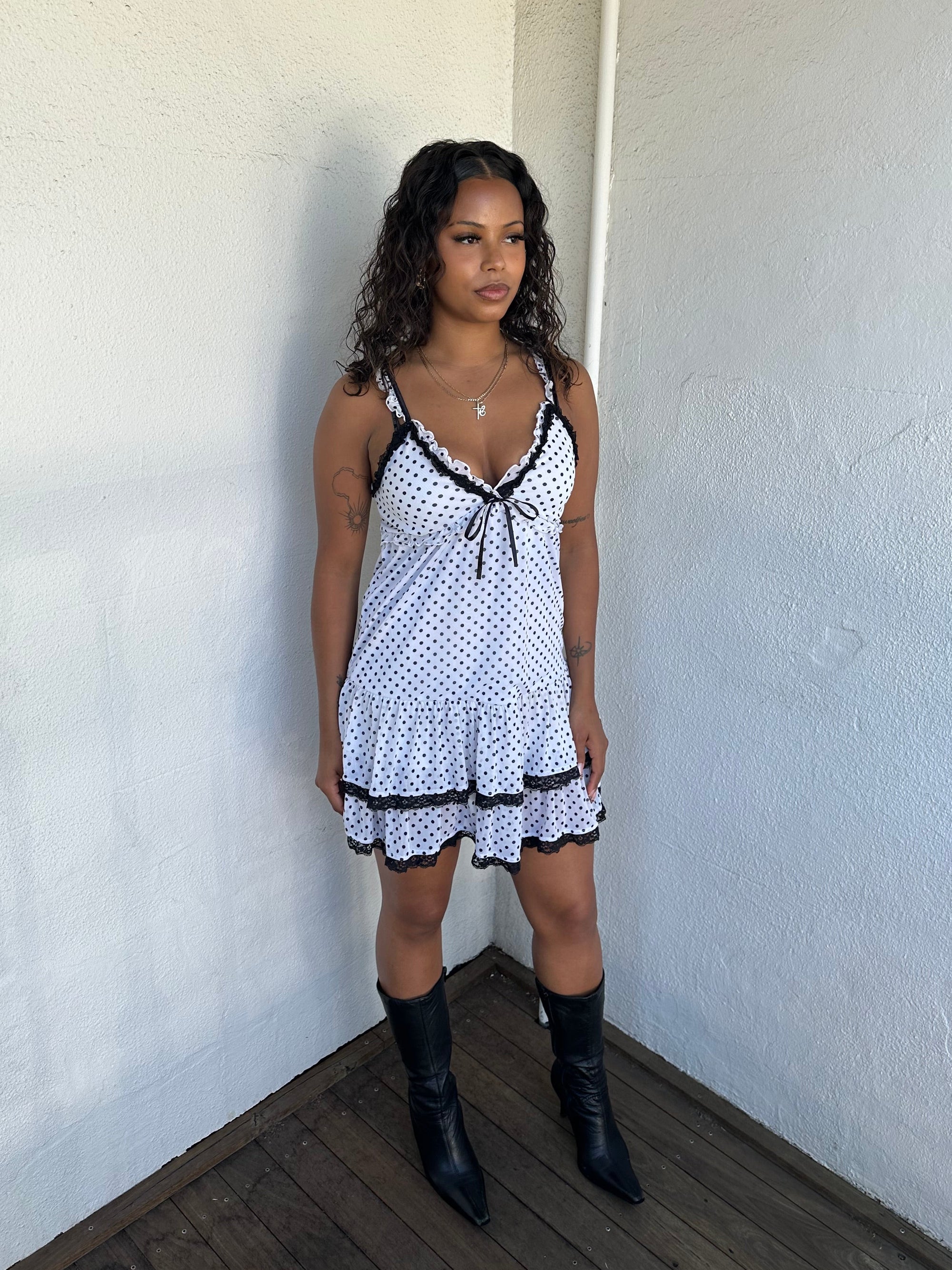 White & Black Polkadot Mini Dress - Size S