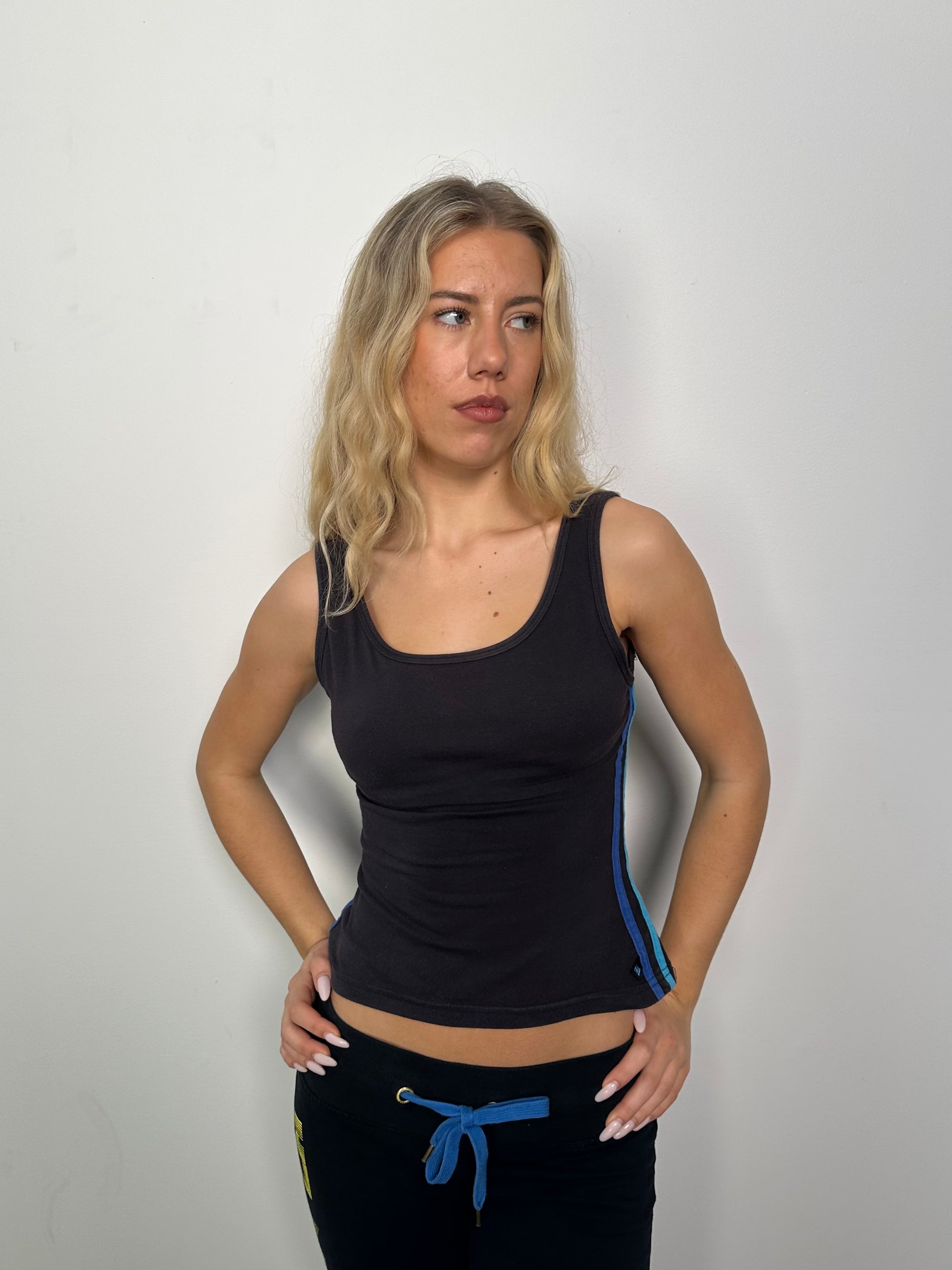 Blue Side Strip Black Tank Top - Size S