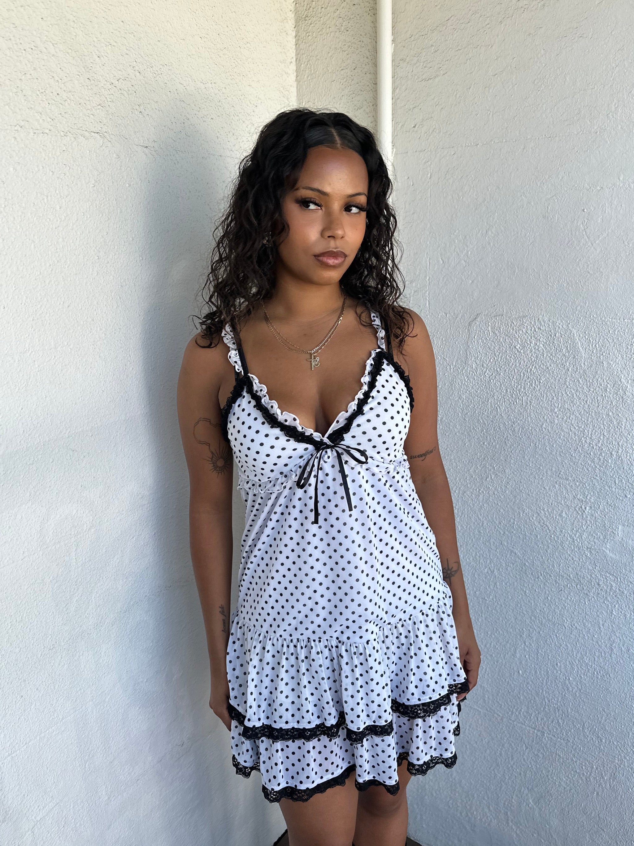 White & Black Polkadot Mini Dress - Size S