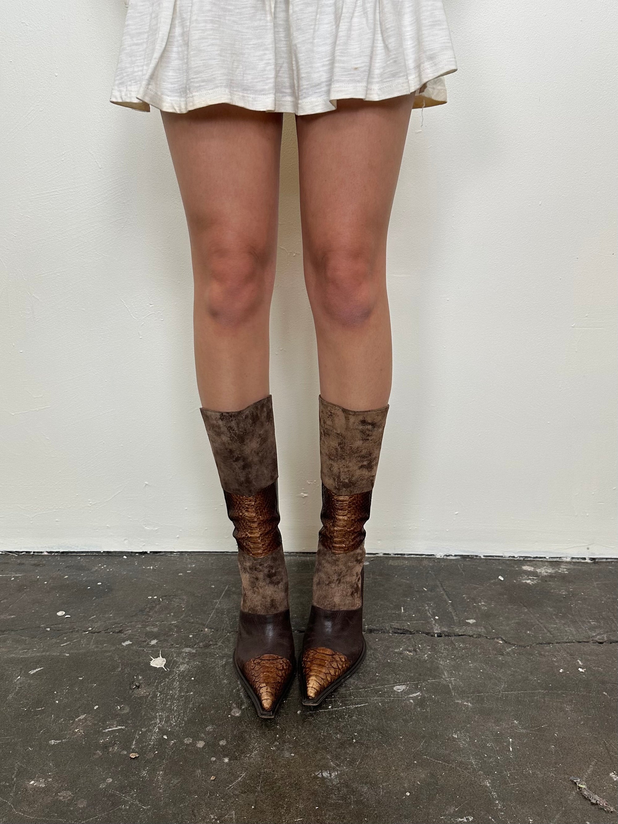 Brown Patchwork Leather Stiletto Heeled Boots - Size EU 38.5