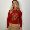 Rust Flower Design Knitted Wool Turtleneck - Size XS