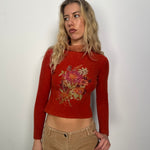 Rust Flower Design Knitted Wool Turtleneck - Size XS