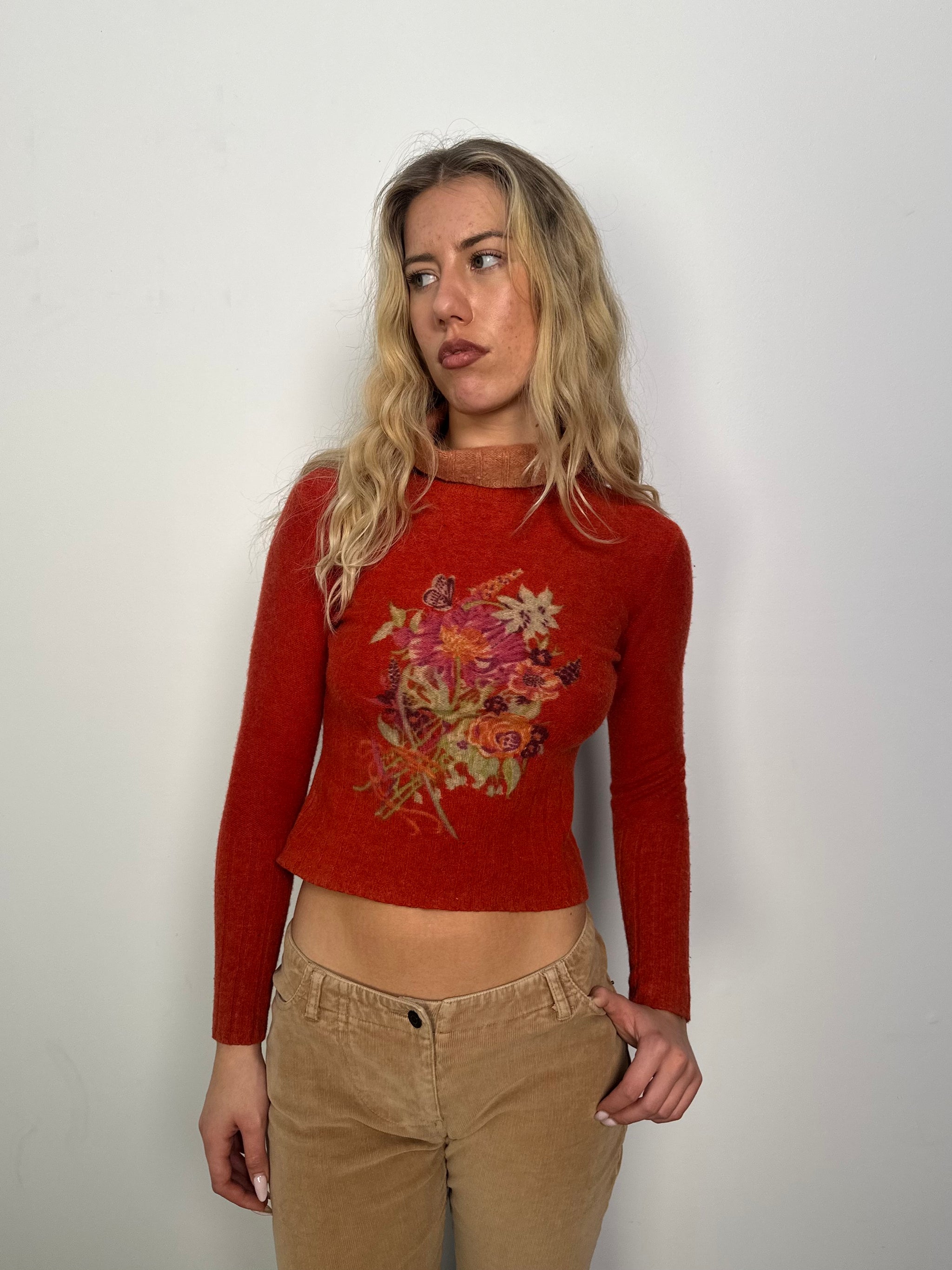 Rust Flower Design Knitted Wool Turtleneck - Size XS