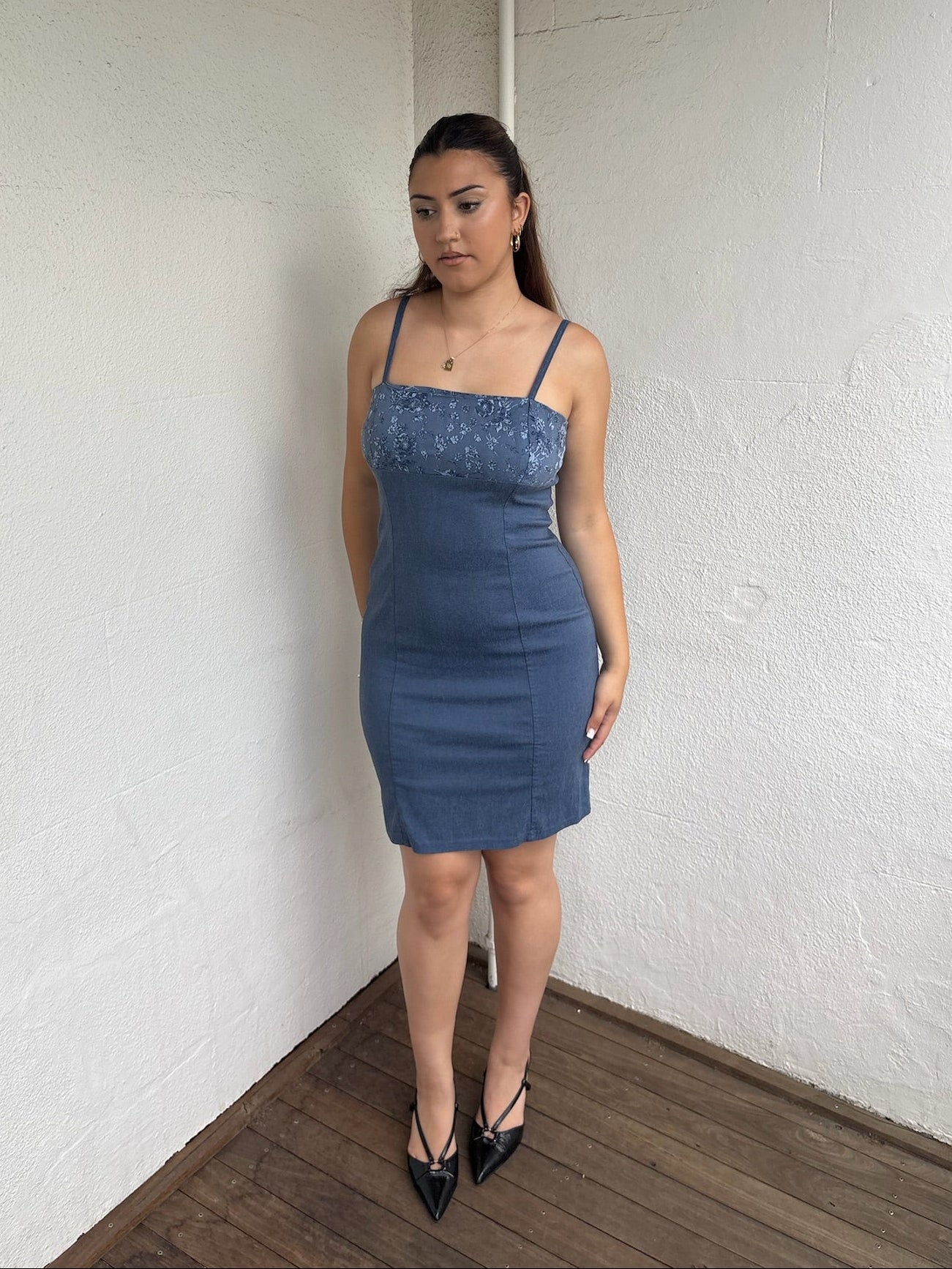 Y2K Blue Floral Body Con Mini Dress - Size M