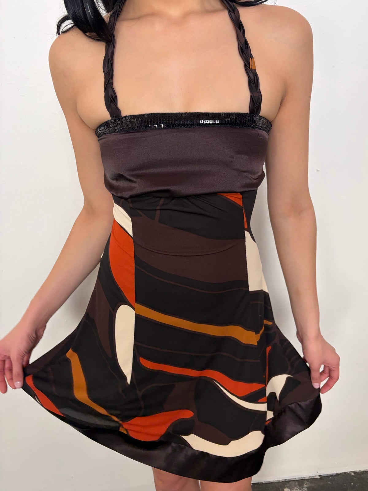 Brown & Orange Swirl Patter Halter Dress - Size XXS